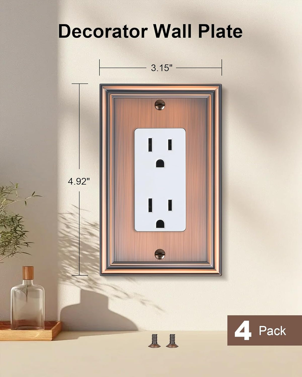 4-Pack Decorator Outlet Cover Plate, Antique Copper Decorative Switch Plates and Outlet Covers, Durable Zinc Alloy Wall Plates for Electrical Outlets, Receptacle, GFCI Outlet, Dimmer Switch