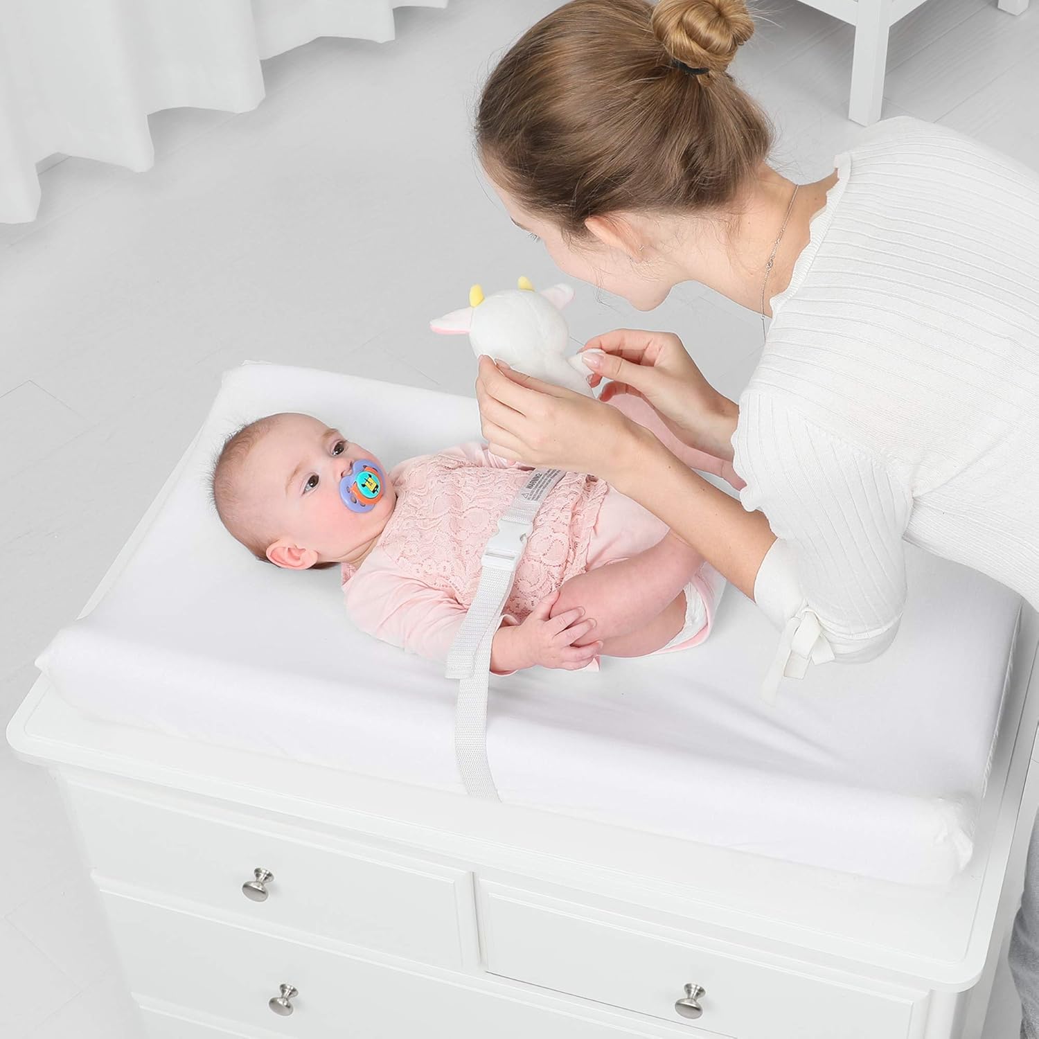 TILLYOU Changing Pad Cover Set in Soft Jersey Material - Fits 32"/34''x16 Contoured Pad for Babies,Peachy Pink & White