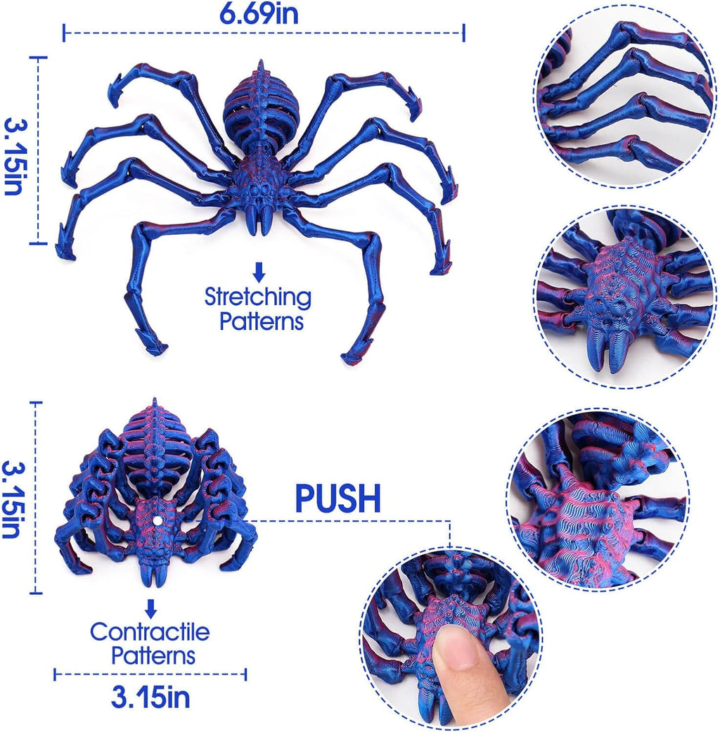 3D Printed Spider Fidget Toys, 1 Pack Articulated Fake Spider Figures Party Favors for Birthday Halloween Christmas, Stress Relief Desk Toys for Classroom Office Home (Laser-purple)