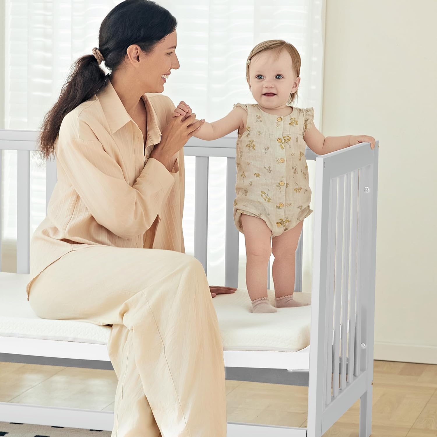 EvoNest Baby Crib, 11 in 1 Convertible Mini Crib with Wheels, 100% New Zealand Wood Growing Bed, 4 Adjustable Mattress Height,White