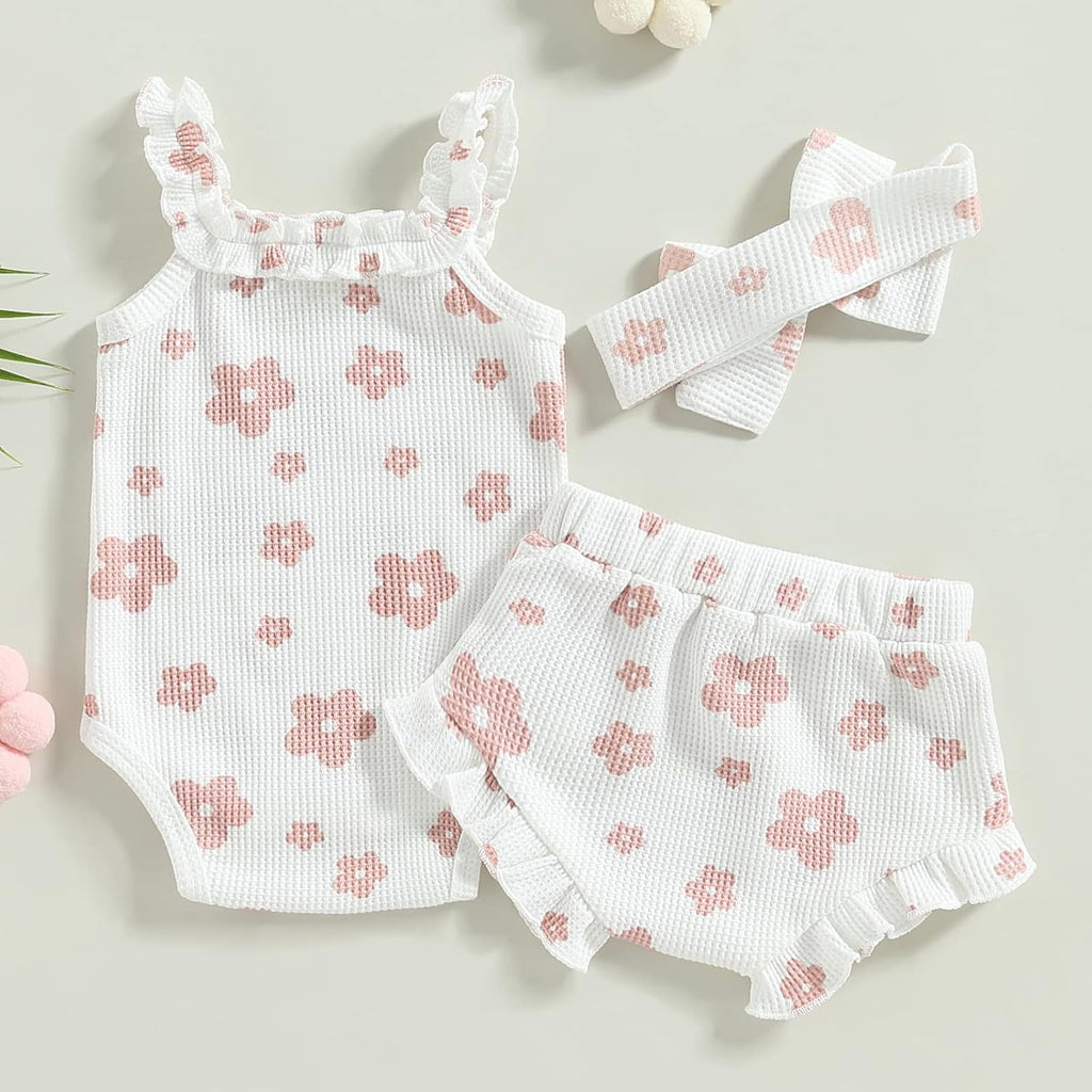 fhutpw Baby Girl Clothes Summer Cute Outfits 3 6 12 18 Months Spaghetti Strap Romper & Floarl Shorts Sets