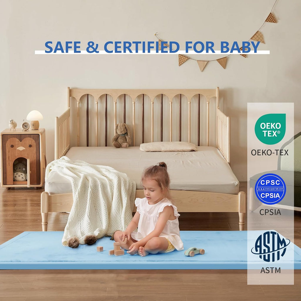Play Mat for Babies Toddlers,1.3" Thick Elasti-Foam Anti-Fall Cushion Mat for Kids Room,28×72 Bedroom Bedside Rugs,Water-Repellent Soft Coral Velvet(Light Blue)