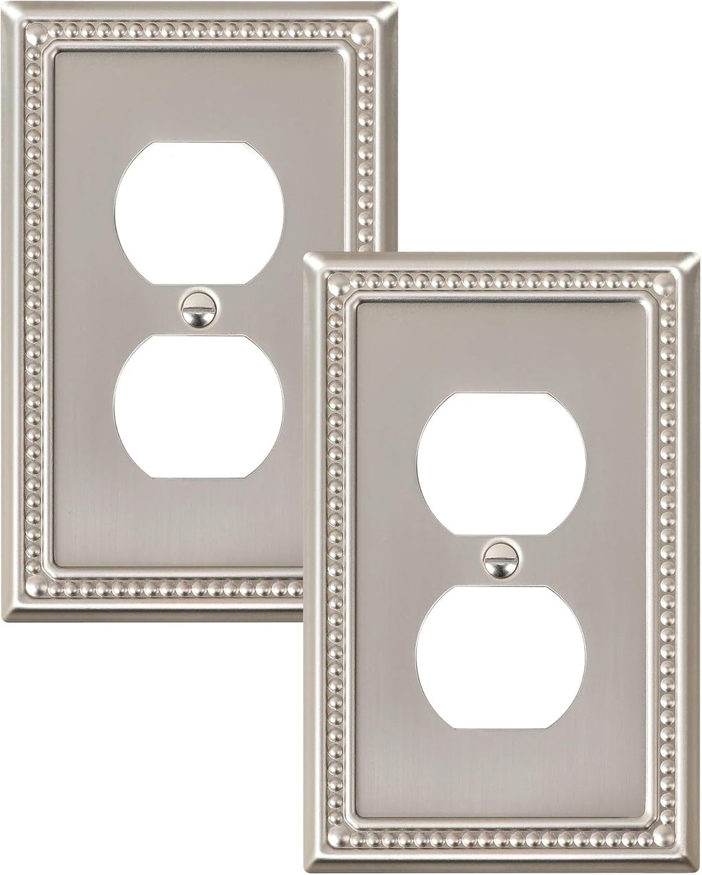 2-Pack Duplex Outlet Cover Plate, Metal Wall Plates for Electrical Outlets, Brushed Nickel 1 Gang Receptacle Cover, Pearls Decorative Switch Plates and Outlet Covers