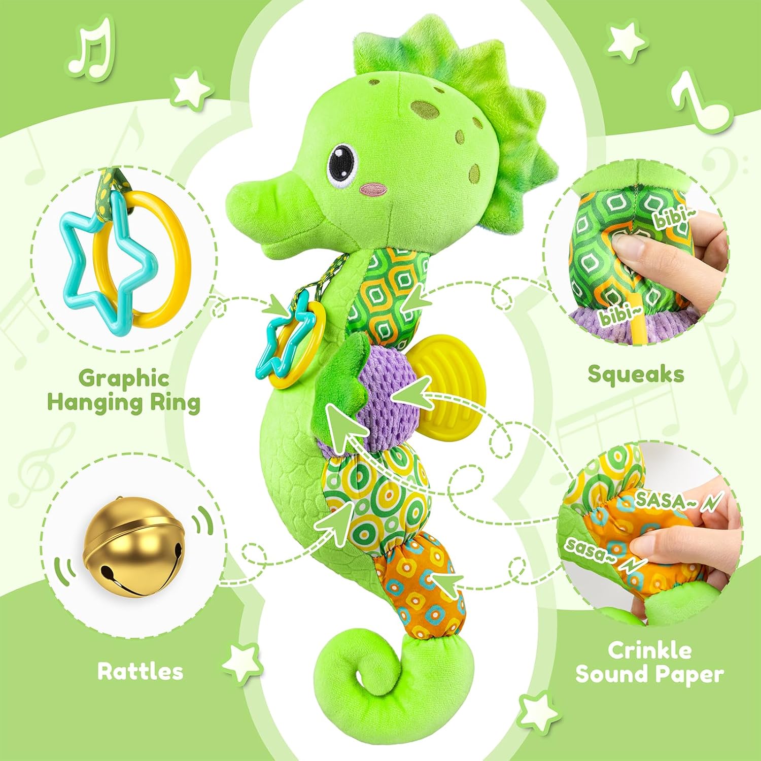 Baby Toys 0 to 12 Months, Musical Stuffed Animal Activity Soft Toys with Multi-Sensory Crinkle, Rattle and Textures, Infant Tummy Time Toys for Newborn Boys Girls, Seahorse, Green