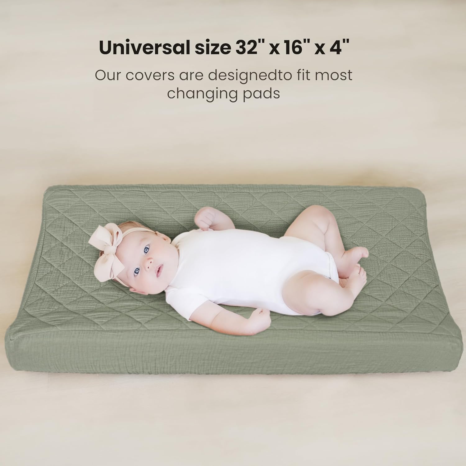 Konssy Waterproof Muslin Changing Pad Cover 2 Pack, Quilted Cotton Fitted Diaper Chang Table Cover, Soft Changing Pad Sheets for Girls Boys (Fog Green,Cream)