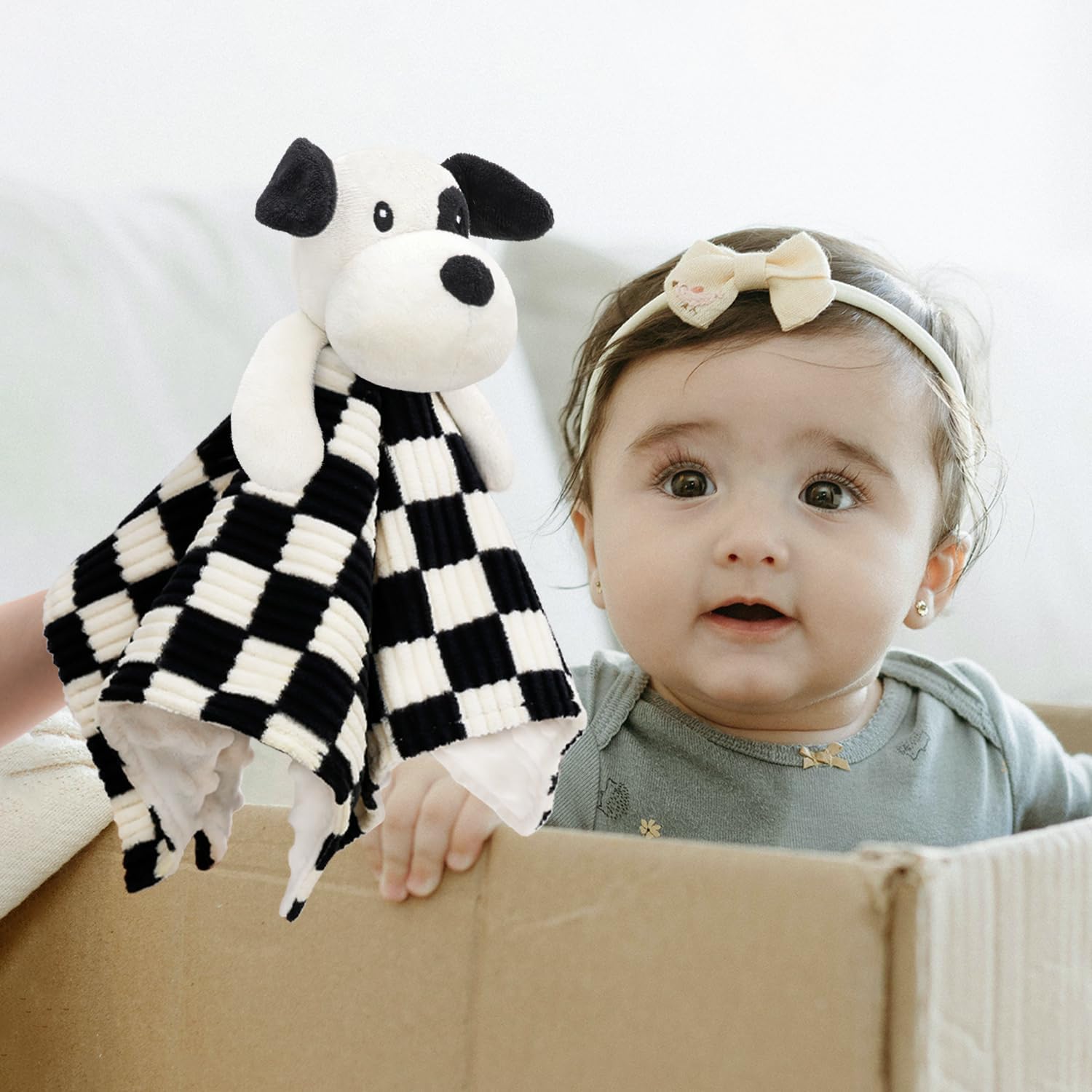 Baby Security Blanket for Boys Girls, High Contrast Super Soft 3D Checkerboard Gingham with Minky Dot Fabric Backing Snuggle Stuffed Animal Blankie Puppy Lovely Black 14 Inch