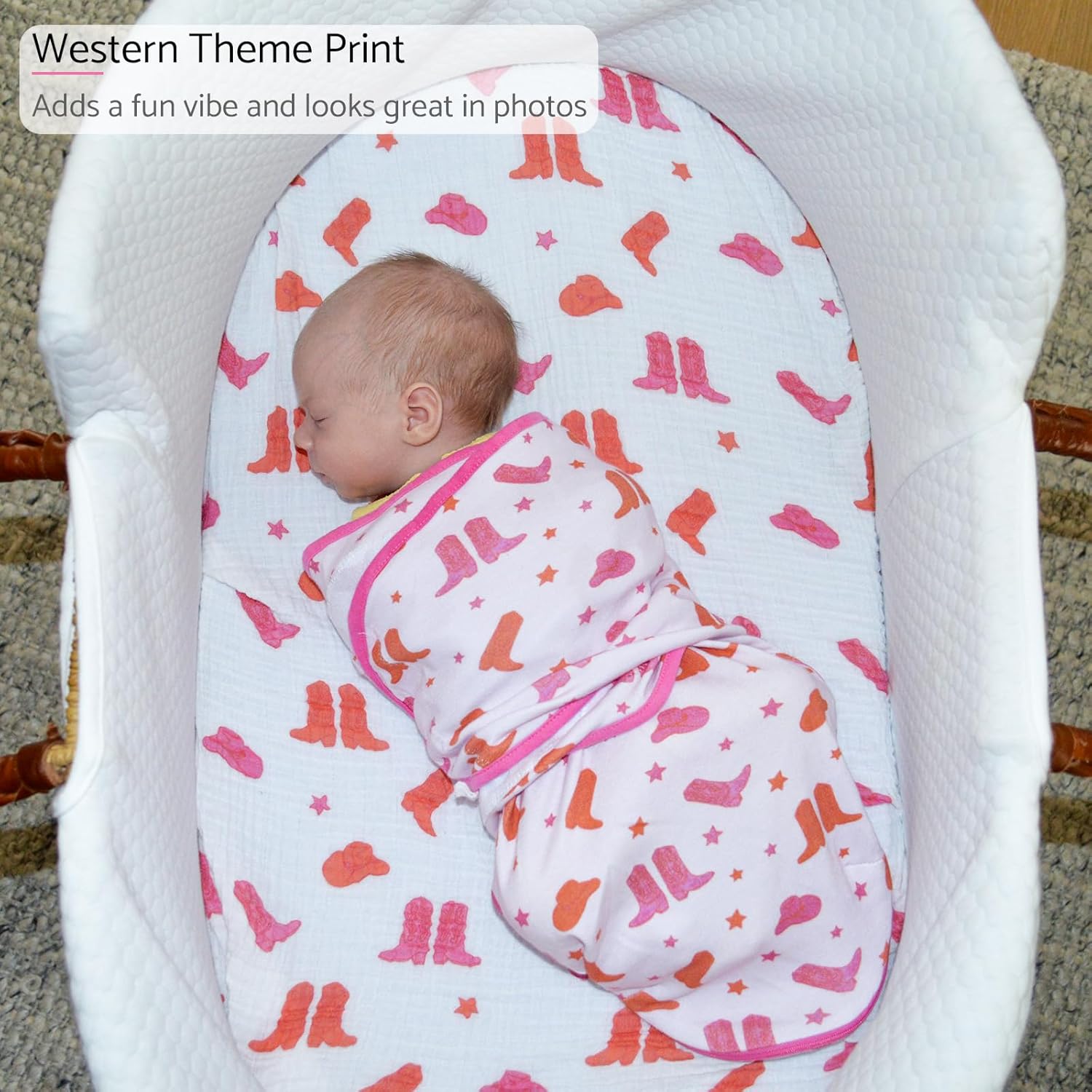 LollyBanks Baby Swaddles 100% Organic Cotton, 0-3 Months Baby Girl Swaddles with Easy Change Zipper, Swaddle Sack for Newborn Girls (Pink Boot Print)