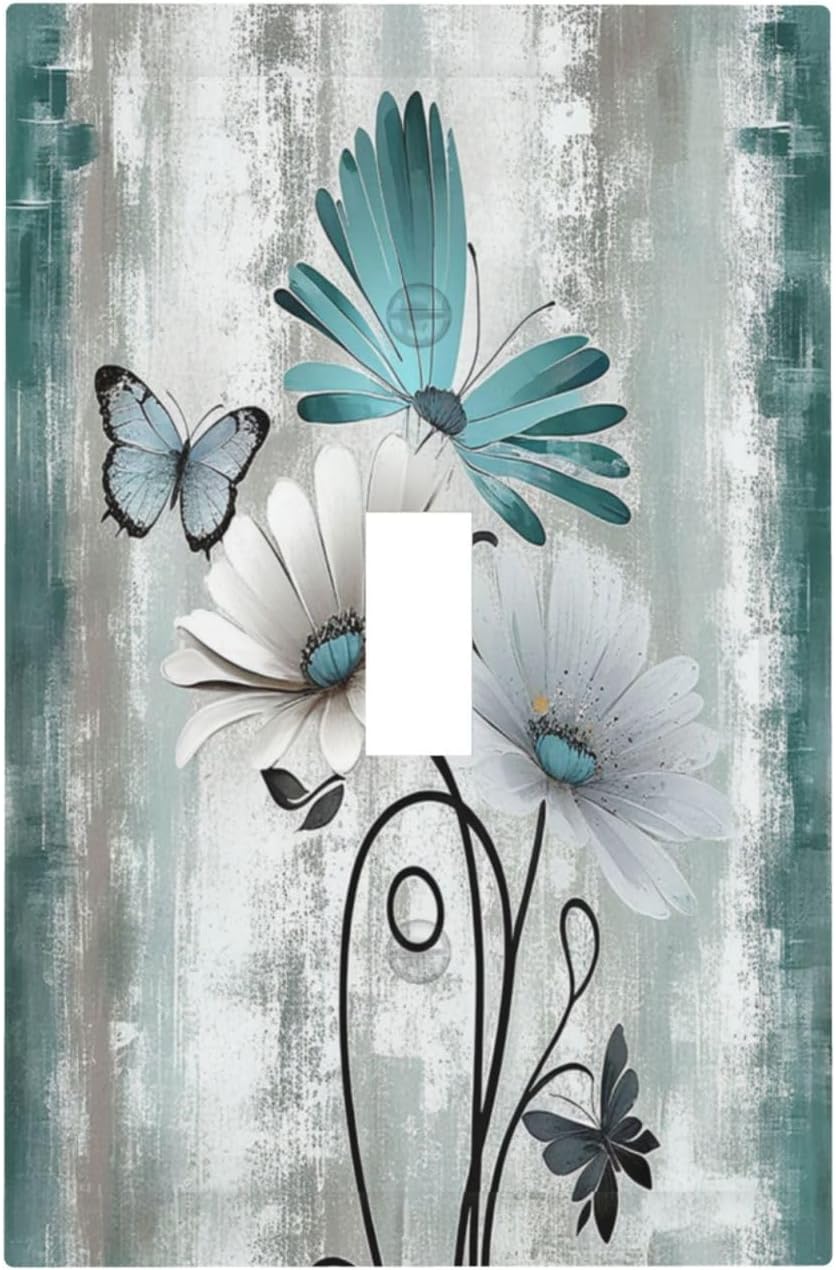 Decorative Light Switch Cover Rustic Teal Daisy Floral Flowers Butterfly Wood Grain 1 Gang Single Toggle Device Electrical Faceplate Switchplates Decorator Outlet Wall Plate for Bathroom