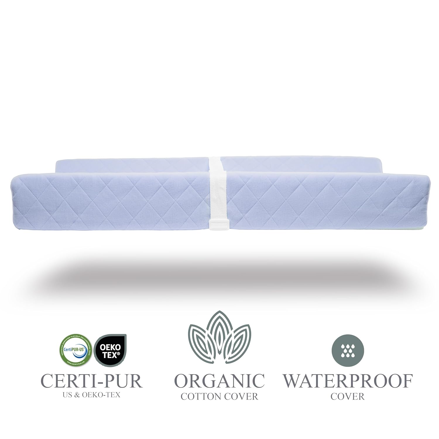 Organic Cotton Contoured Baby Changing Pad w/Waterproof Foam Mattress, Includes Soft, Removable & Washable Cover, Safety Strap, Non-Slip Bottom, Topper for Standard Size Infant Diaper Table & Dresser