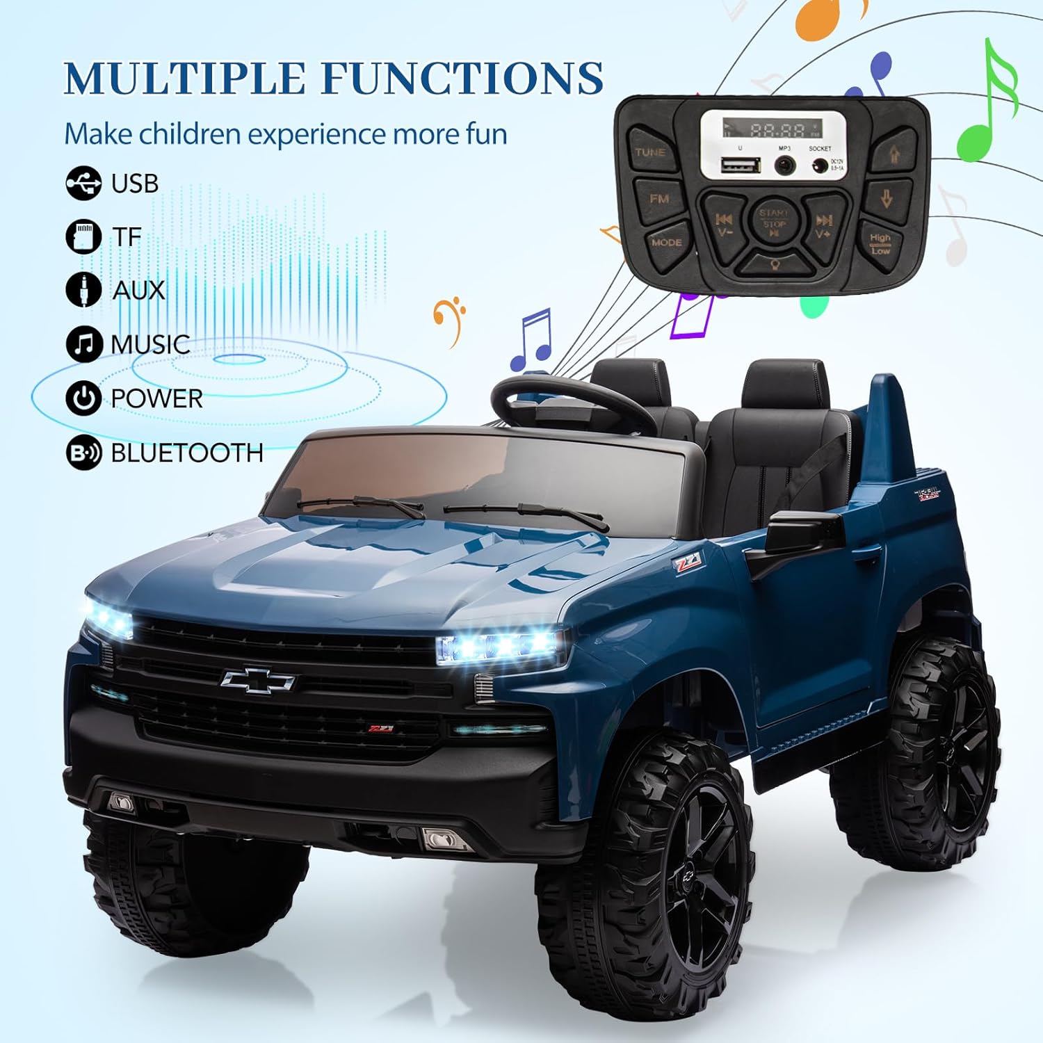 Hetoy 24V 2-Seater Truck Licensed Chevrolet Silverado Ride On Car Toy w/Parent Remote Control,4xSpring Suspension, 3 Speeds, Wireless Music, MP3 Player, Electric Vehicle Car for Kids, Blue