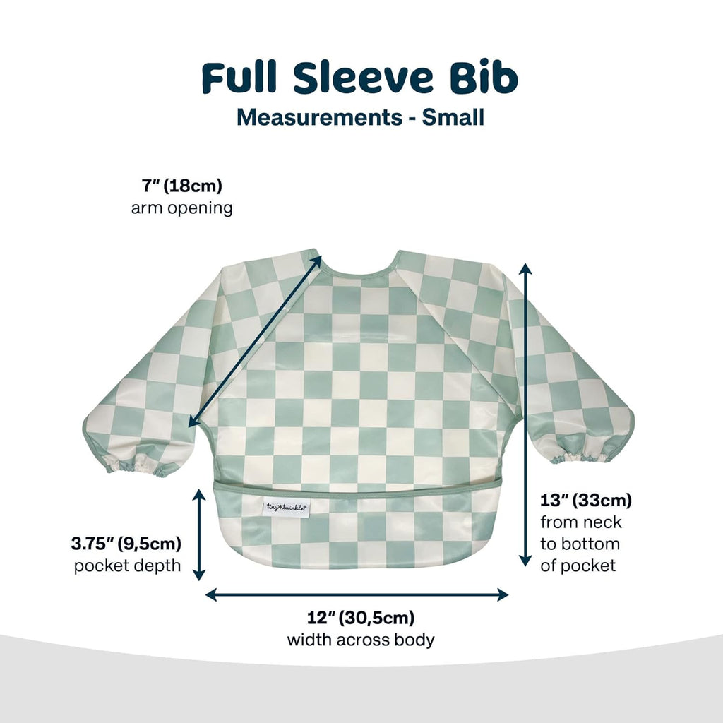 Tiny Twinkle Mess Proof Baby Bib,Waterproof Smock Baby Bib for Eating,Machine Washable Long Sleeve Bib,Baby Led Weaning,Toddler Bib,BLW Supplies(Checkers Sage, Small 6-24 Months)