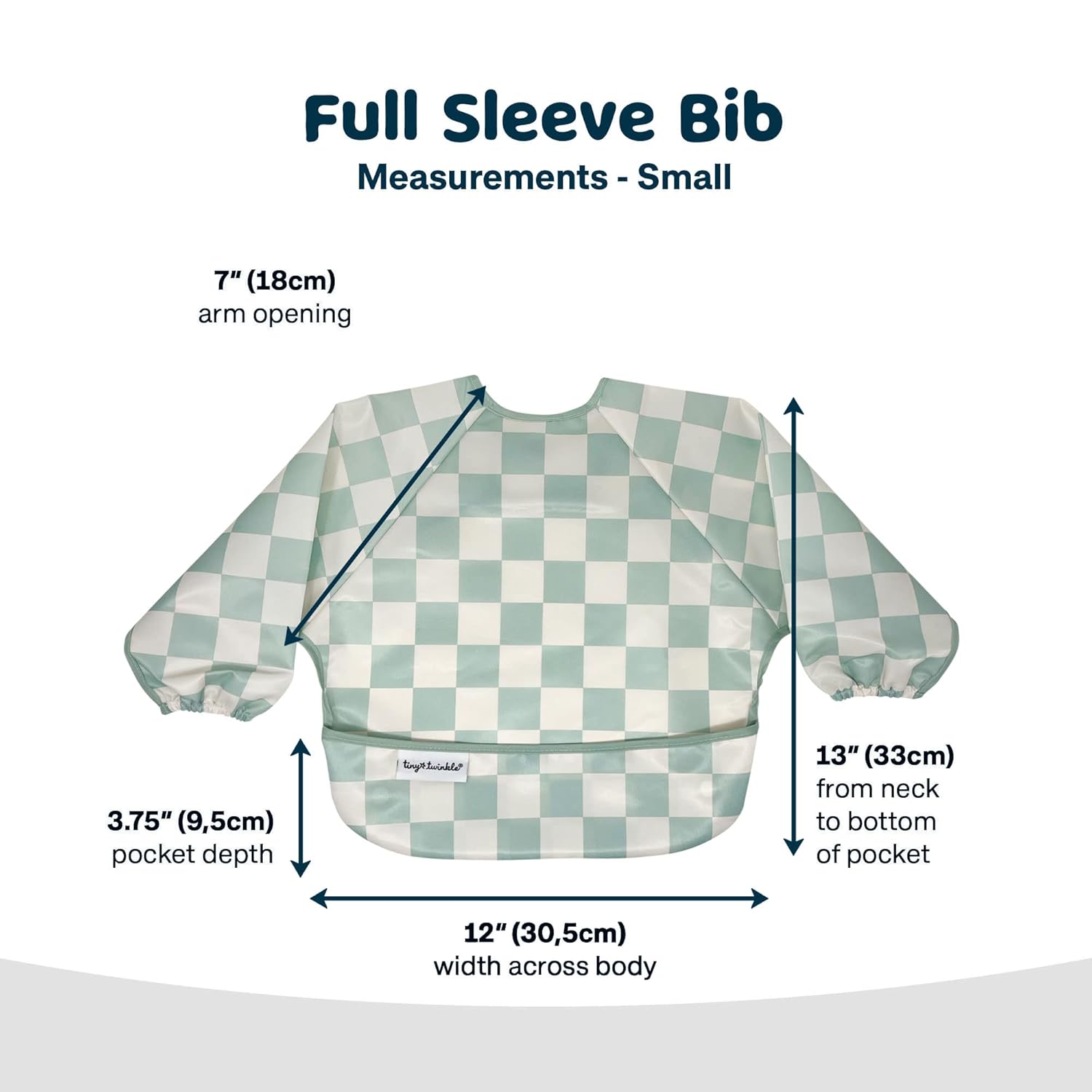 Tiny Twinkle Mess Proof Baby Bib,Waterproof Smock Baby Bib for Eating,Machine Washable Long Sleeve Bib,Baby Led Weaning,Toddler Bib,BLW Supplies(Checkers Sage, Small 6-24 Months)