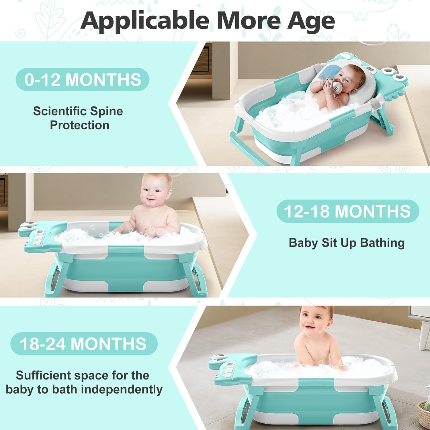 Collapsible Baby Bathtub for Newborn with Thermometer & 1 Soft Floating Cushion & Drain Hole, Foldable & Portable Travel Baby Bath Tub for Newborns to Toddlers 0-36 Months Boys, Cyan