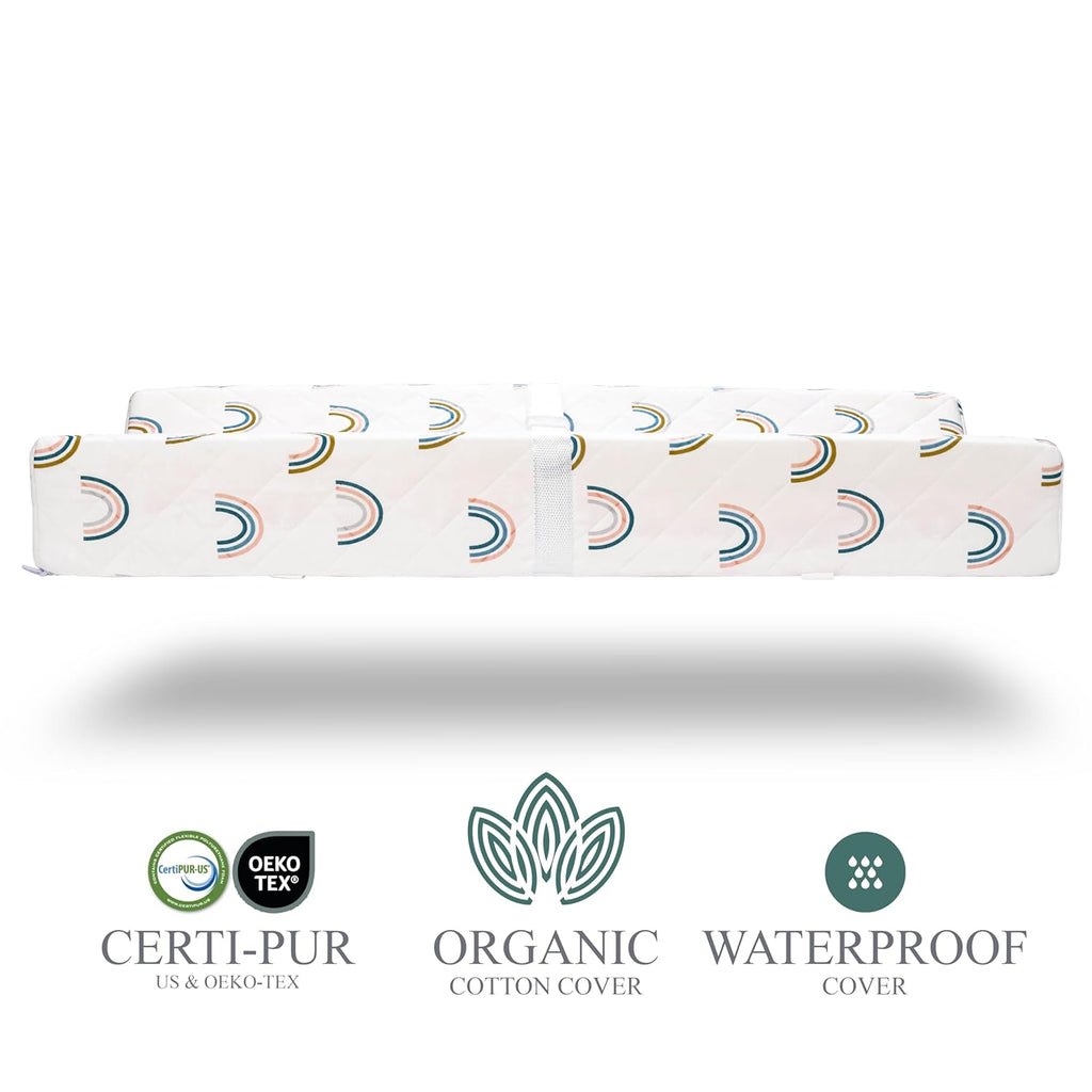 Organic Cotton Contoured Baby Changing Pad w/Waterproof Foam Mattress, Includes Soft, Removable & Washable Cover, Safety Strap, Non-Slip Bottom, Topper for Standard Size Infant Diaper Table & Dresser