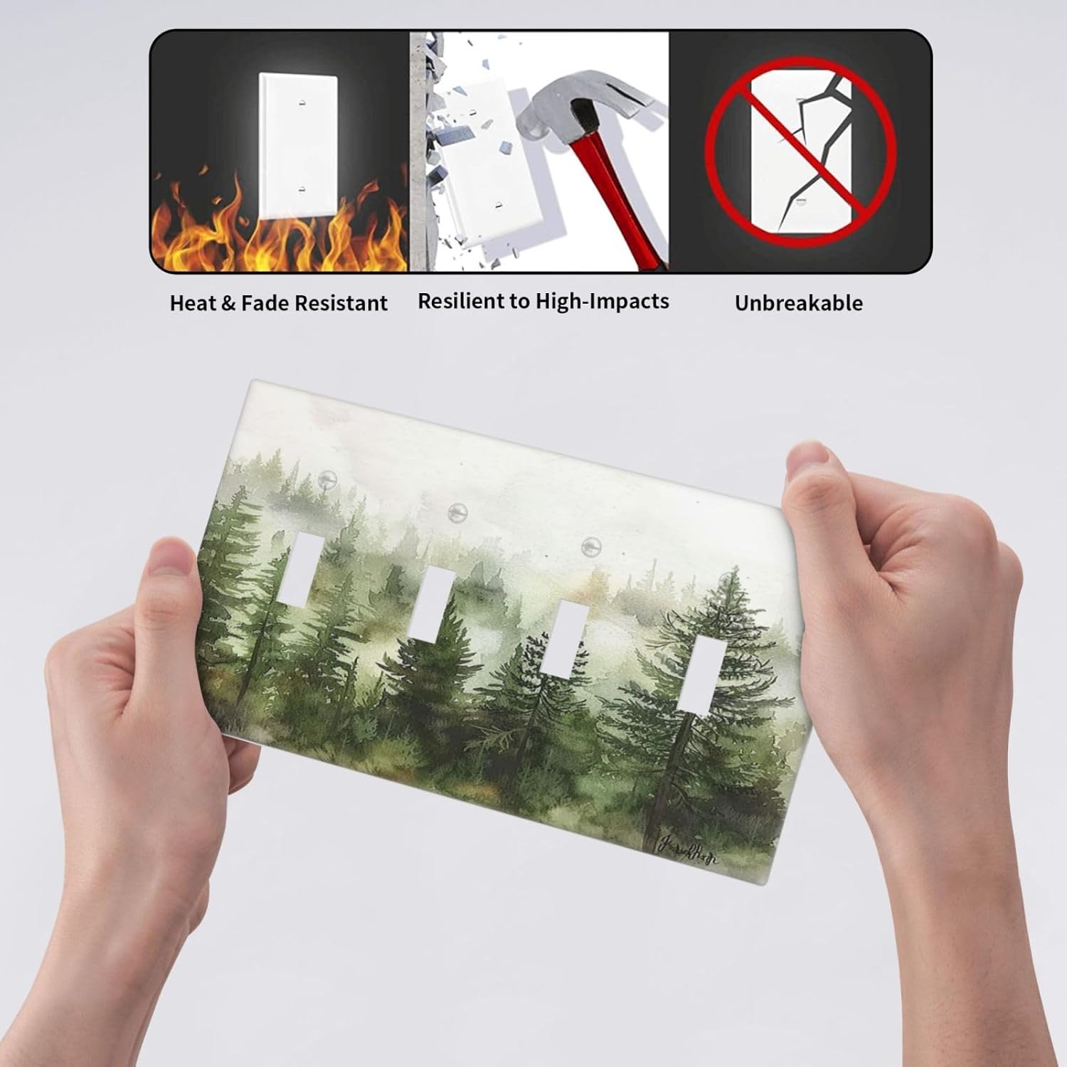 Light Switch Covers Green Forest Watercolor Painting Foggy Pine Quad Toggle Electrical Faceplate 4 Gang Wall Plate Decorative Switch Plates for Bedroom living Room Decor