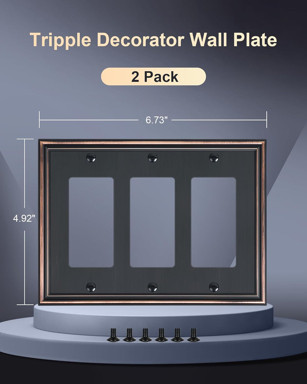2-Pack Decorative Tripple Decorator Outlet Cover Plate, Durable Zinc Alloy Aged Bronze Wall Plates for Electrical Outlets, Receptacle, GFCI Outlet, Dimmer Switch, 3-Gang, Corrosion Resistant