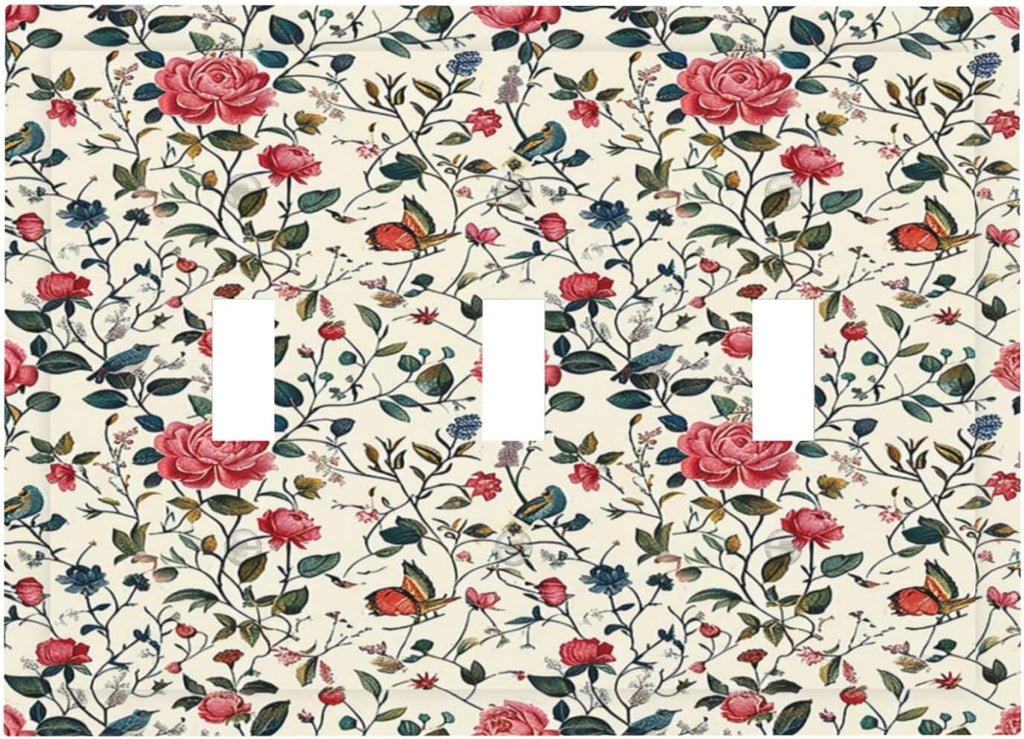 Decorative Switch Plates Vintage Flowers Rose Leaf Bird Butterfly 3 Gang Wall Plate Triple Toggle Light Switch Cover Faceplate Electrical Wall Panels for Bedroom living Room Decor