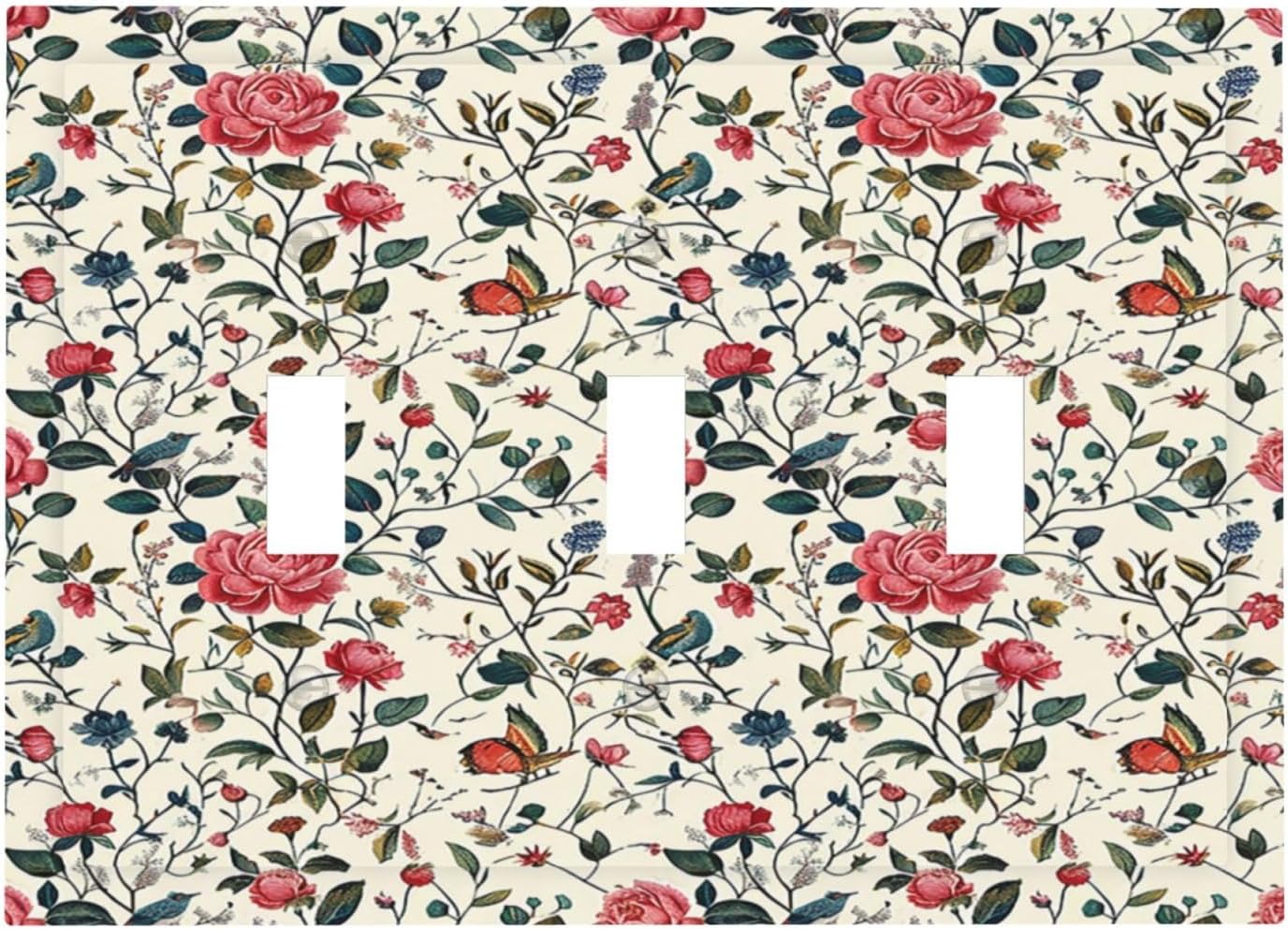 Decorative Switch Plates Vintage Flowers Rose Leaf Bird Butterfly 3 Gang Wall Plate Triple Toggle Light Switch Cover Faceplate Electrical Wall Panels for Bedroom living Room Decor