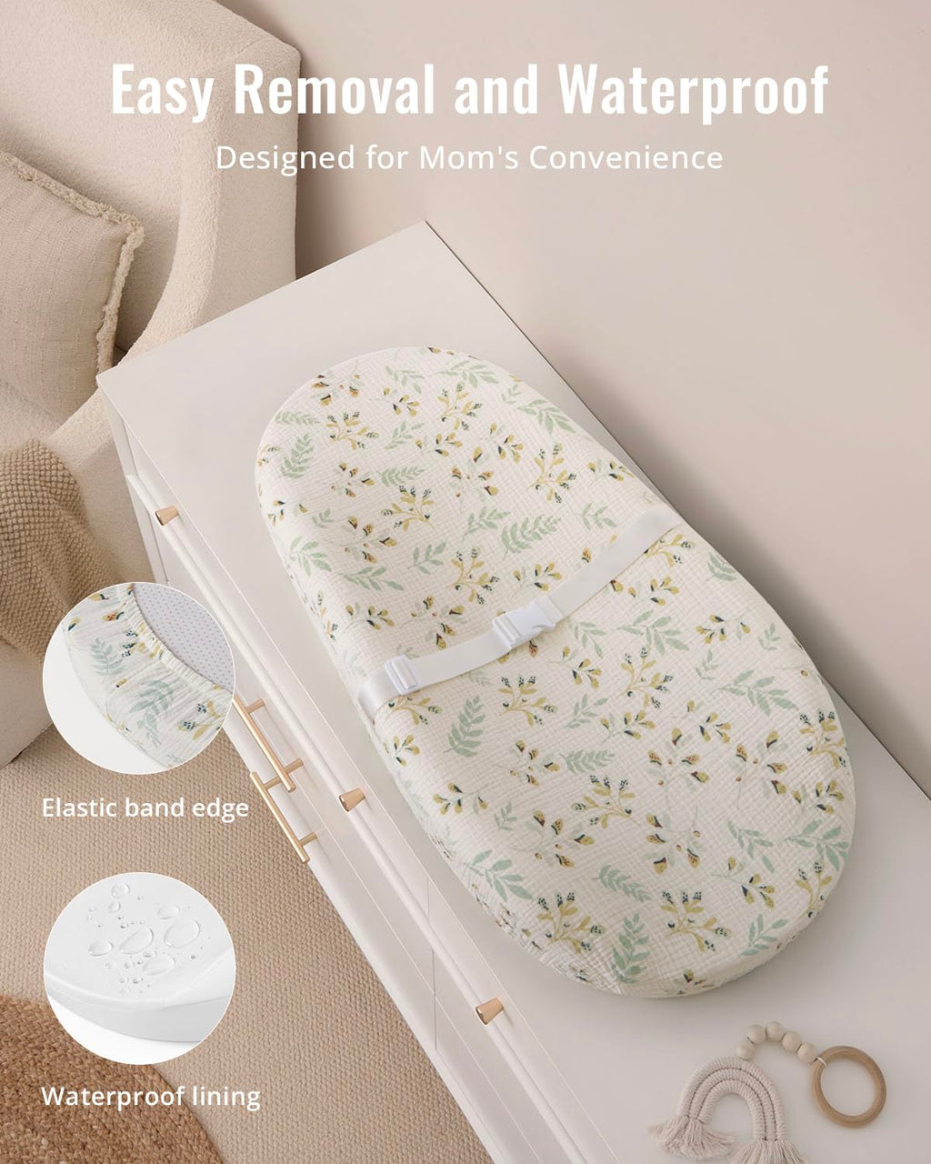 Blissful Diary Muslin Baby Changing Pad with Waterproof Lining Foam, Baby Changing Table Pad with Cover for Dressers (Botanical Leaf, Avocado)