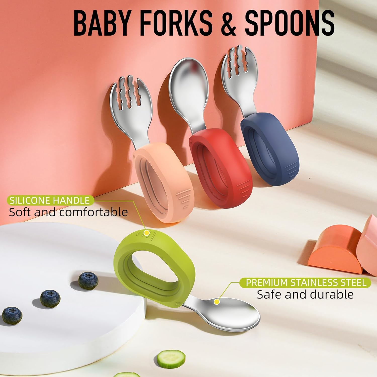 Toddler Utensils - Baby Forks and Spoons Set - Kids Stainless Steel Silverware - Children Safe - Self Feeding - Dishwasher Safe (Orange + Green)