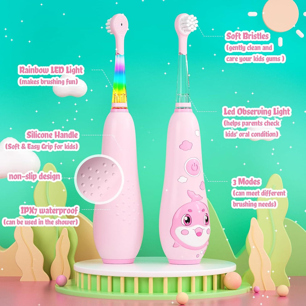 SEAGO Kids Electric Toothbrushes Rechargeable, Toddler Electric Toothbrush with Magnetic Charging, LED Observing Light, 8 Toothbrush Heads for Ages 2-4-6 Boys Girls (Pink)
