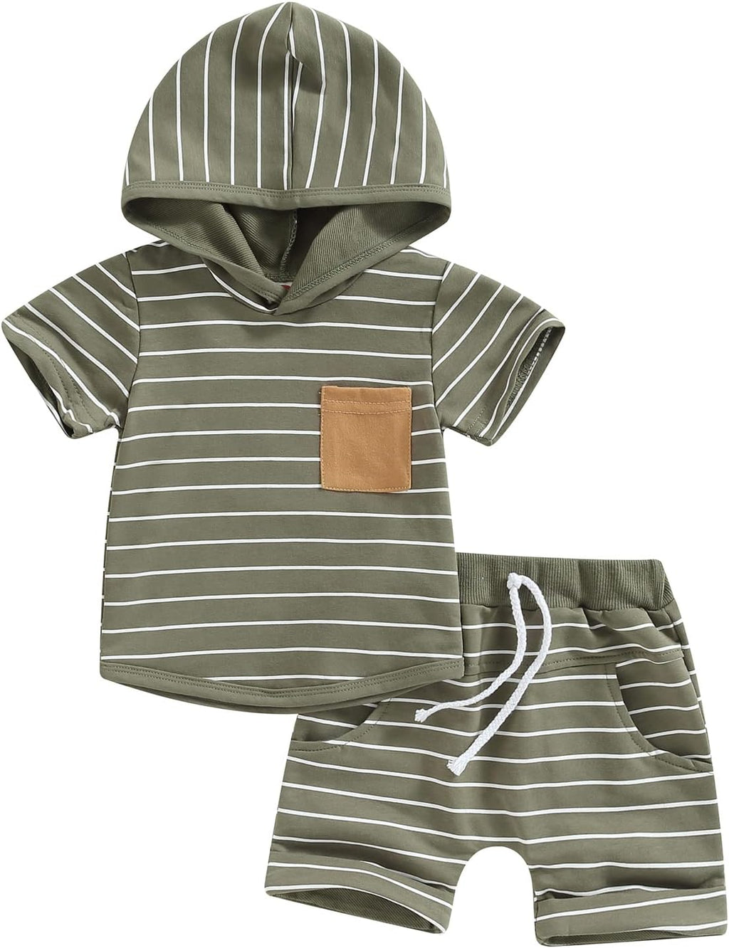 Toddler Baby Boy Summer Hooded Outfit Contrast Color Short Sleeve T Shirt Top Elastic Shorts Summer Clothes Set