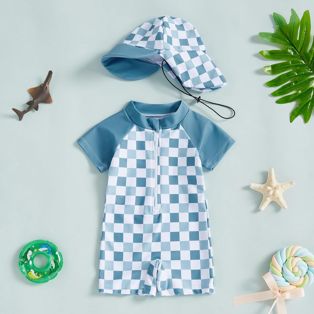 MAYUMMPY Baby Boys Girls Swimwear Casual Zipper One Pieces Rash Guard Swimsuit and Hat Beachwear Bathing Suit