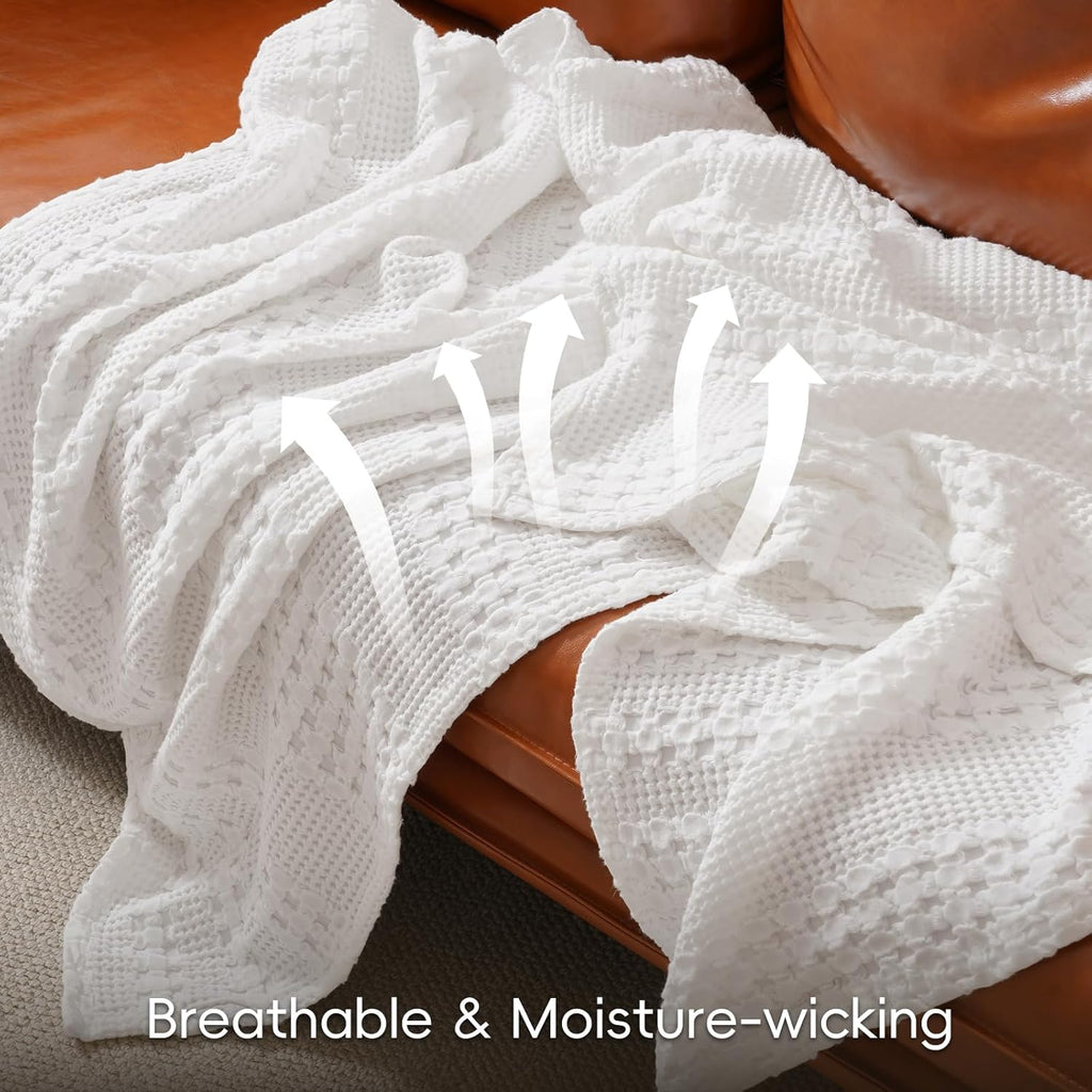 PHF 100% Cotton Waffle Weave Blanket Queen Size, Soft Lightweight Breathable Cozy Summer Blankets for Bed, Luxury Aesthetic Woven Bedding for Home Decor, 90"x90", White