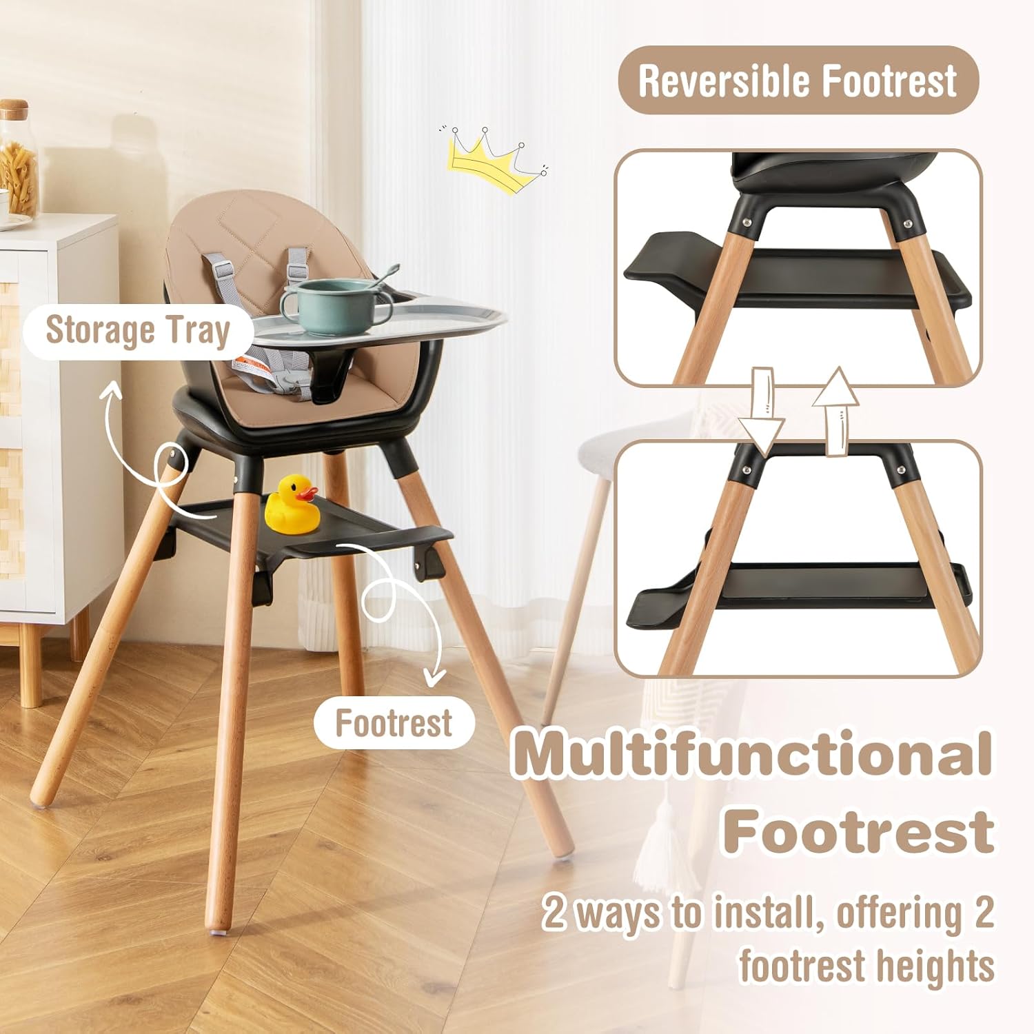 BABY JOY Baby High Chair, 6 in 1 Convertible Wooden High Chair for Babies & Toddlers with Adjustable Legs, Double Removable Tray, Safety Harness & Waterproof PU Cushion (Coffee)