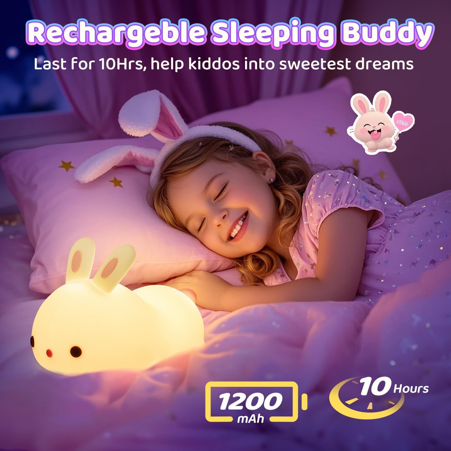 Bunny Night Light for Kids Lamp Cute Lamp, Kawaii 16 Colors Baby Night Lights for Baby Nursery,Soft Rechargeable Nightlight for Kids Room,Toddler Room Decor Kawaii Stuff Bunny Accessories Girls Gifts