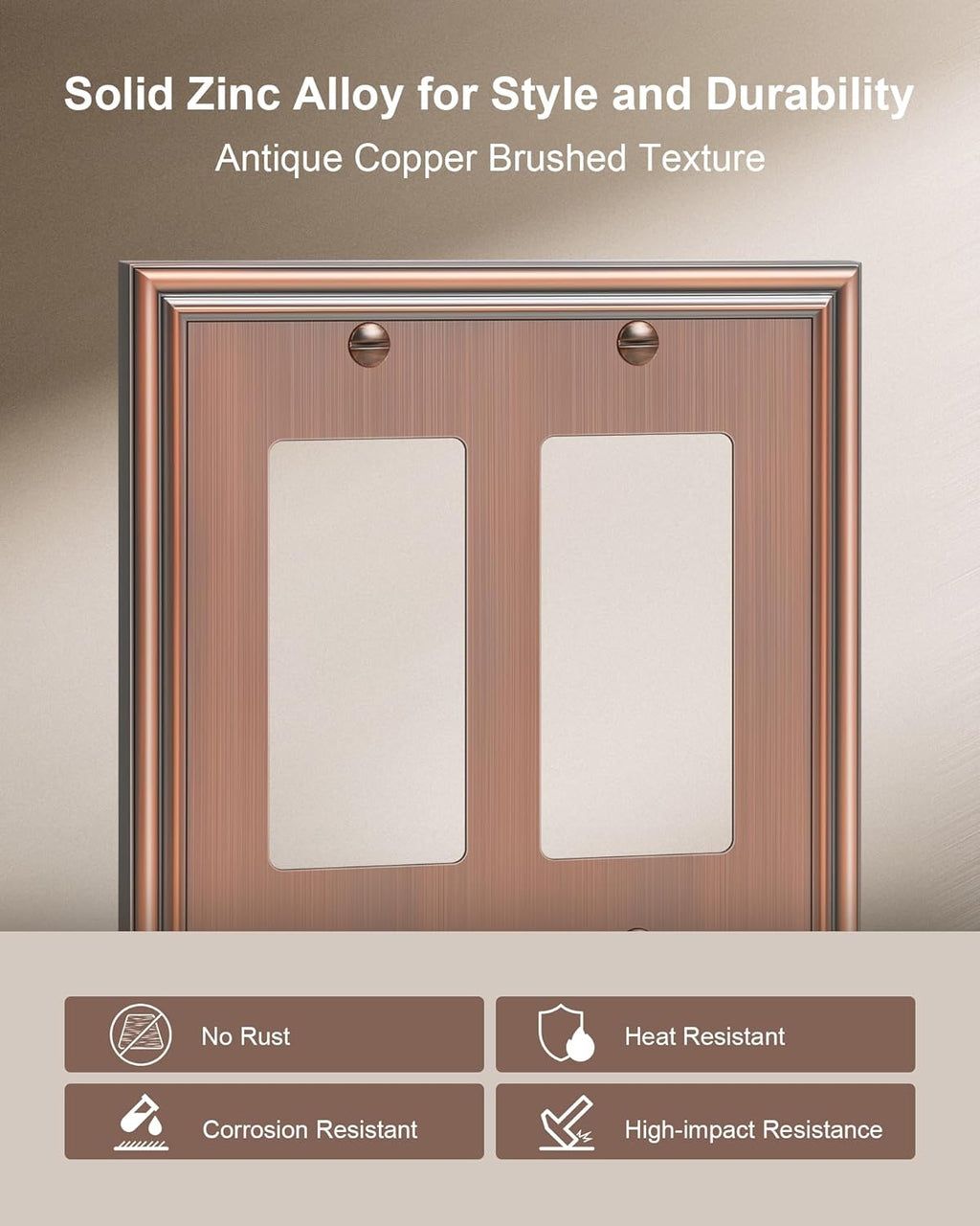 2-Pack Decorative Double Decorator Outlet Cover Plate, Durable Zinc Alloy Antique Copper Wall Plates for Electrical Outlets, Receptacle, GFCI Outlet, Dimmer Switch, 2-Gang Corrosion Resistant