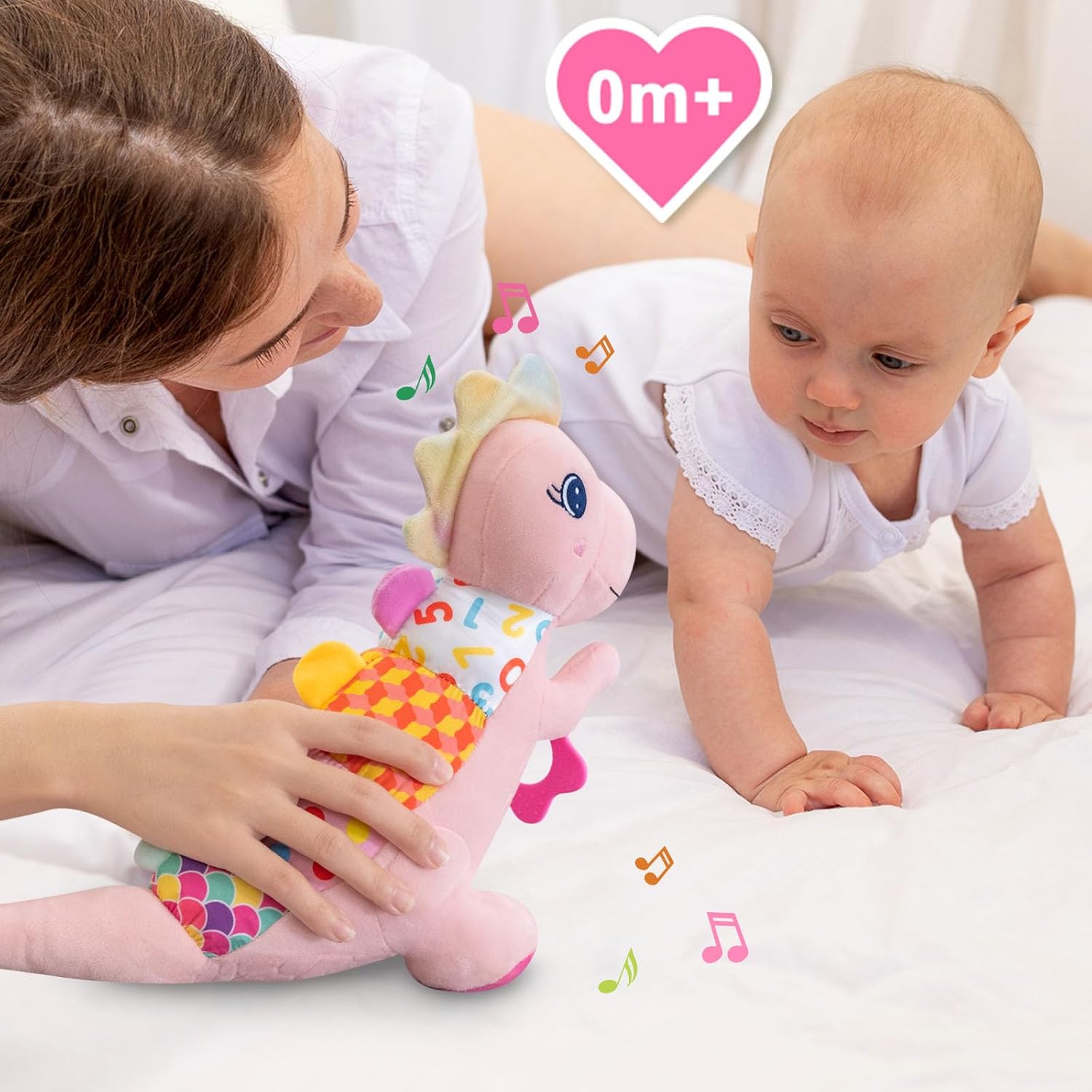 Baby Dino Plush Soft Stuffed Animal Toy for 0-3-6-12+ Months,Infant Musical Toy with Rattle,Squeaker,Sensory Crinkle,Teether & Textures,Tummy Time Toys Christmas Baby Gift for Newborn Girl(Pink)
