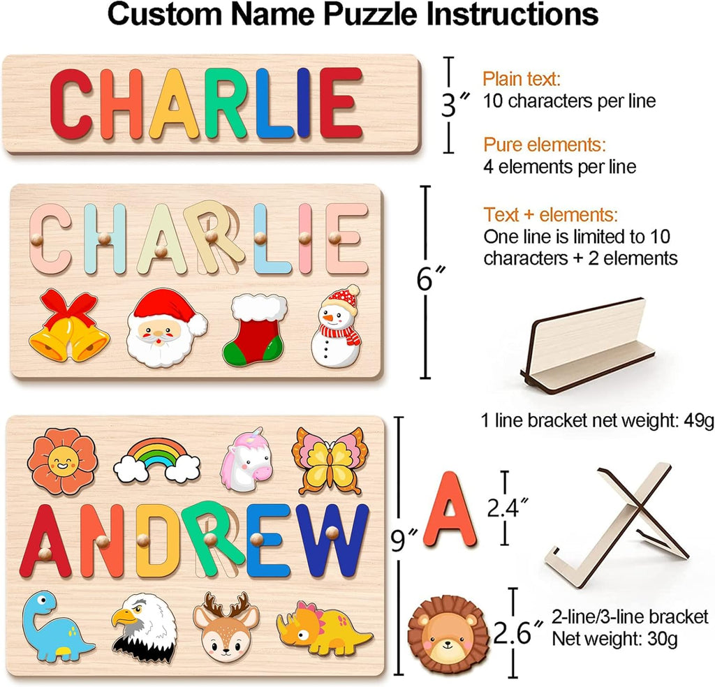 Personalized Name Puzzle for Kids, Personalized Baby Gifts Name Puzzles for Toddlers 1-3 with Pegs Engraved Text Greetings on Back, 1st Birthday Christmas Easter Gifts for Boys&Girls, Montessor Toys
