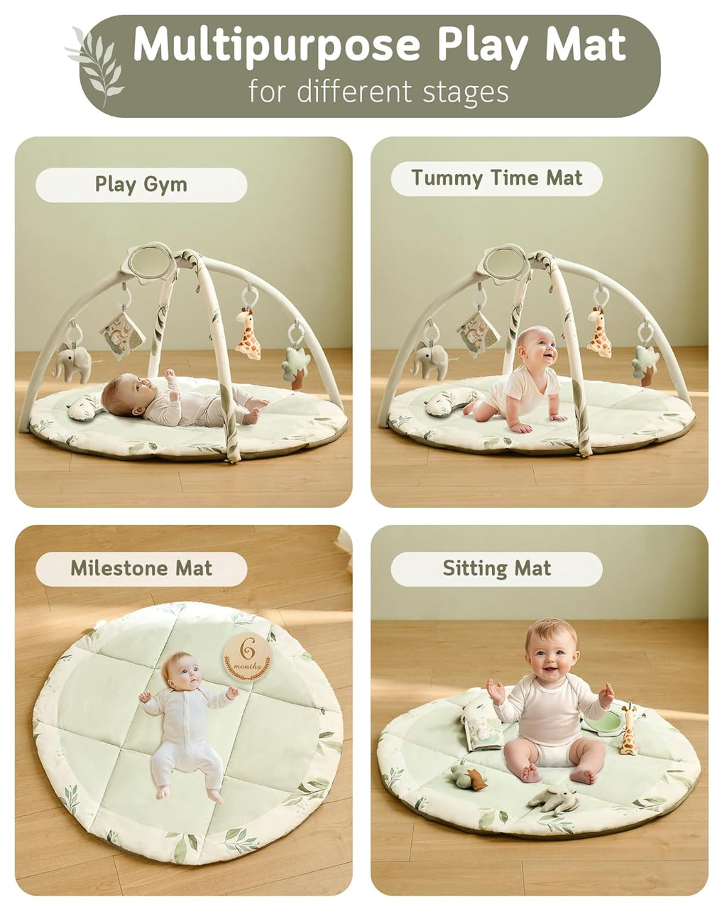 Fortella Baby Play Gym & Activity Mat, Tummy Time Mat w 5 Detachable Toys and Pillow, Large Sensory Playmat for Floor, Newborn Infant Baby Essentials Shower Gift 0-3-6-9-12 Months (Sage Green)