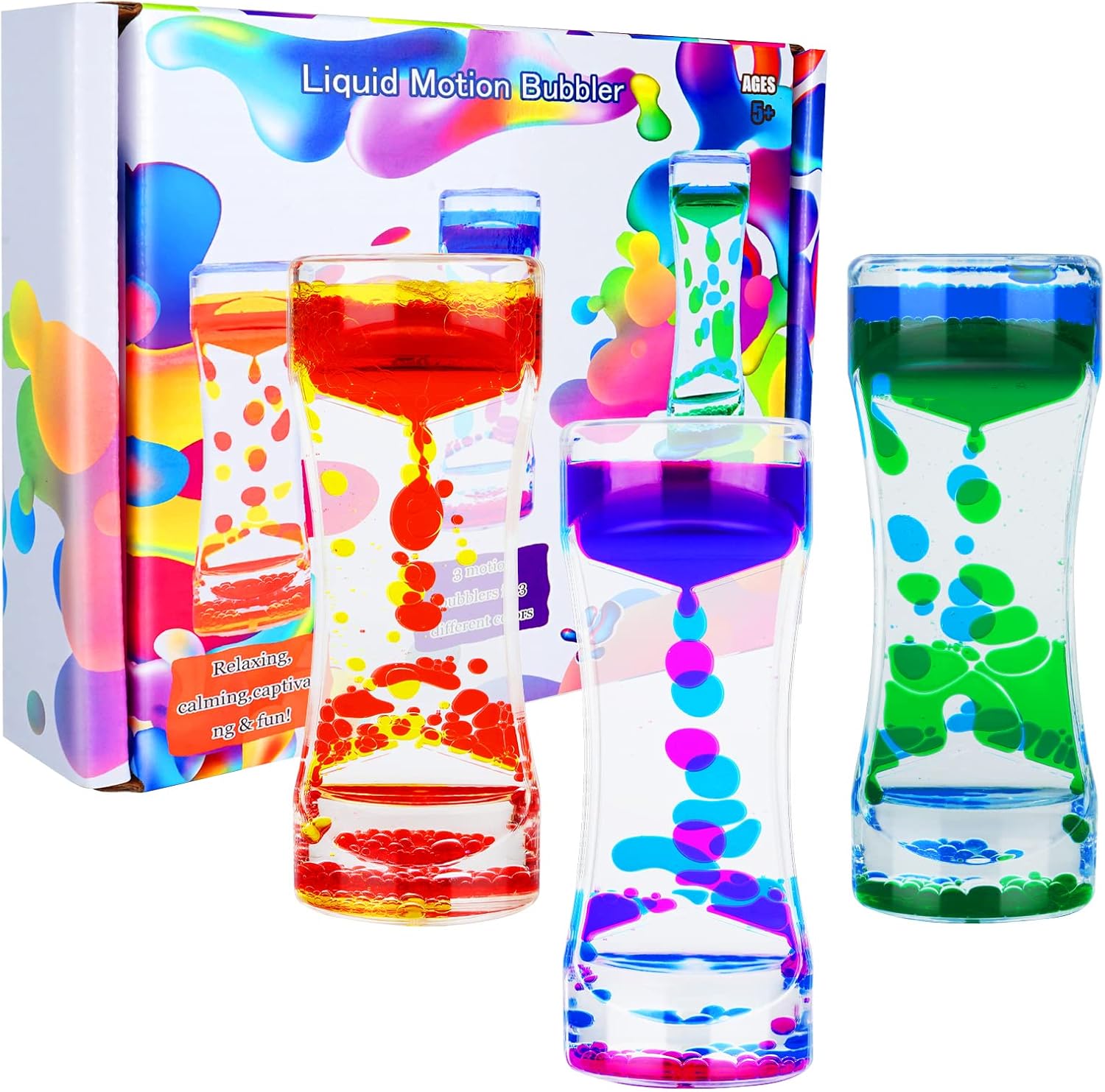 Liquid Motion Bubbler for Kids Adults,Sensory Toys,(3-Pack) Fidget Timer Liquid Toy,Autism Toy,Oil Water Desk Toy,Anxiety Toys，Christmas Stocking Filler Gift