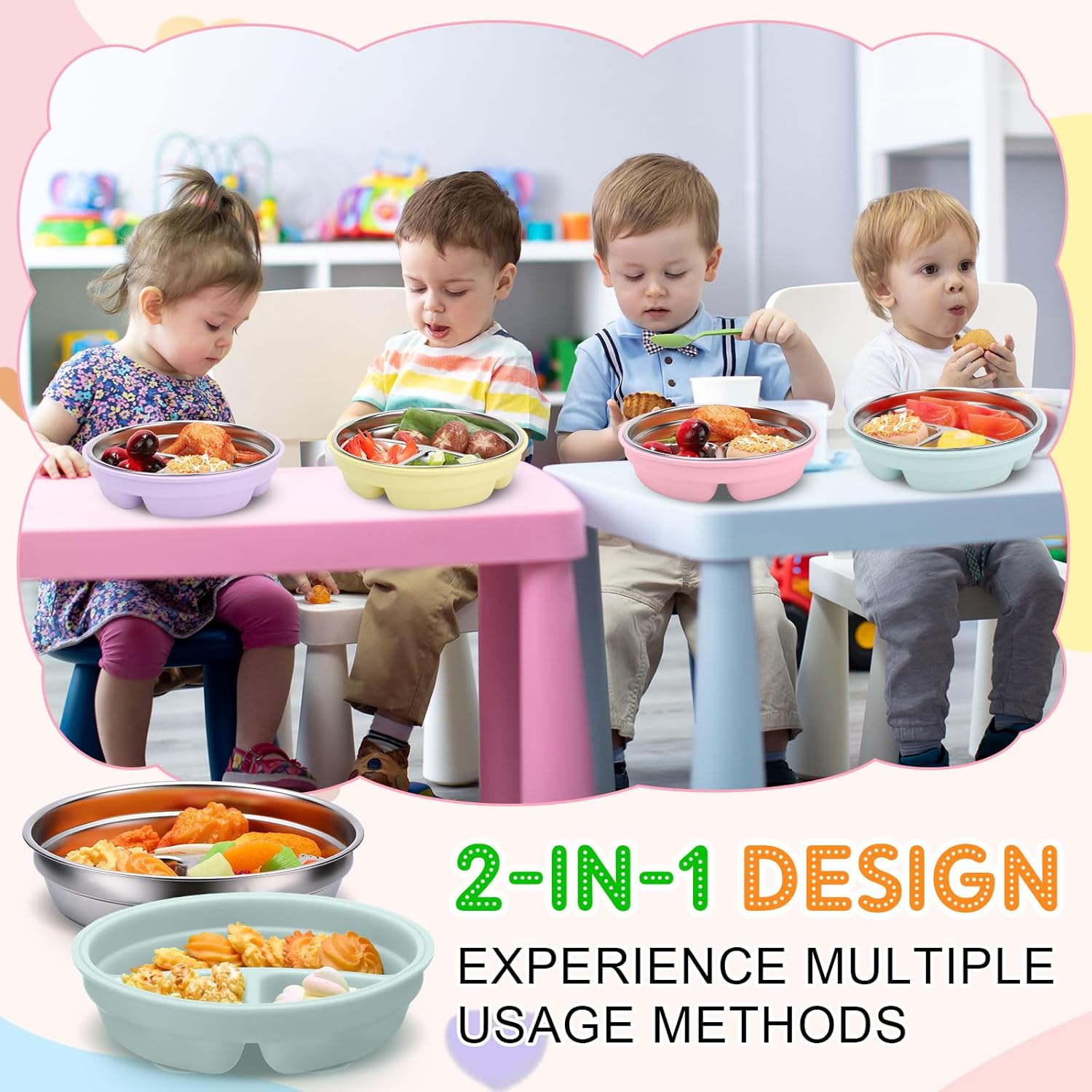 Nuogo 4 Pcs Stainless Steel Baby Suction Plates with Removable Silicone Shell 2-in-1 Metal Toddler Bowl Divided for Picky Eaters Kid Feeding Led Weaning Supply, Dishwasher Safe (Macaron Series)