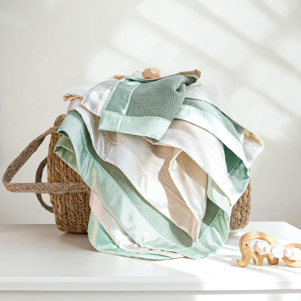 lulumoon Swaddle Baby Blanket: Waffle Blanket with Satin Trim - Breathable Toddler Blankets Perfect for Nursing Cover and Playtime - Cotton Crib Quilt for Daytime Naps 40"x36"(Sage)
