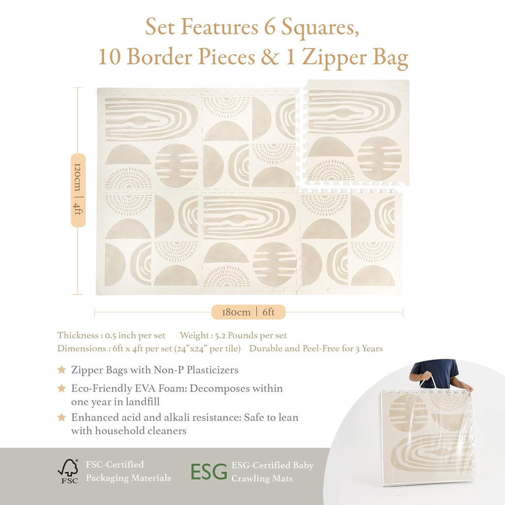 Premium Exercise & Baby Foam Play Mats - Stylish & Large Non-Toxic Odorless Floor Mat - 6 Tiles - Spacious 6ft x 4ft - Peel-Resistant Reinforced Ver.- Soft Thick, Waterproof - Desert Sand