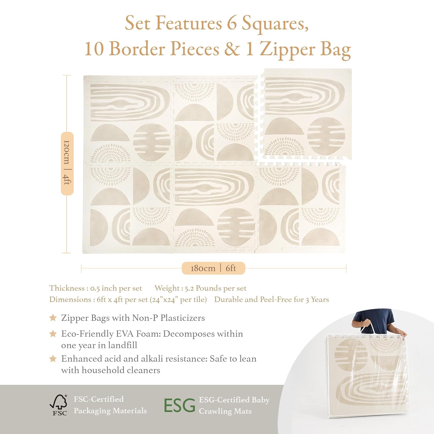 Premium Exercise & Baby Foam Play Mats - Stylish & Large Non-Toxic Odorless Floor Mat - 6 Tiles - Spacious 6ft x 4ft - Peel-Resistant Reinforced Ver.- Soft Thick, Waterproof - Desert Sand