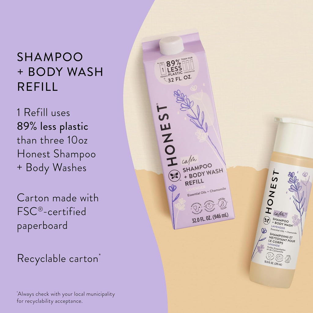 The Honest Company 2-in-1 Cleansing Shampoo + Body Wash Refill Carton | Gentle for Baby | Naturally Derived, Tear-free, Hypoallergenic | Lavender Calm, 32 fl oz