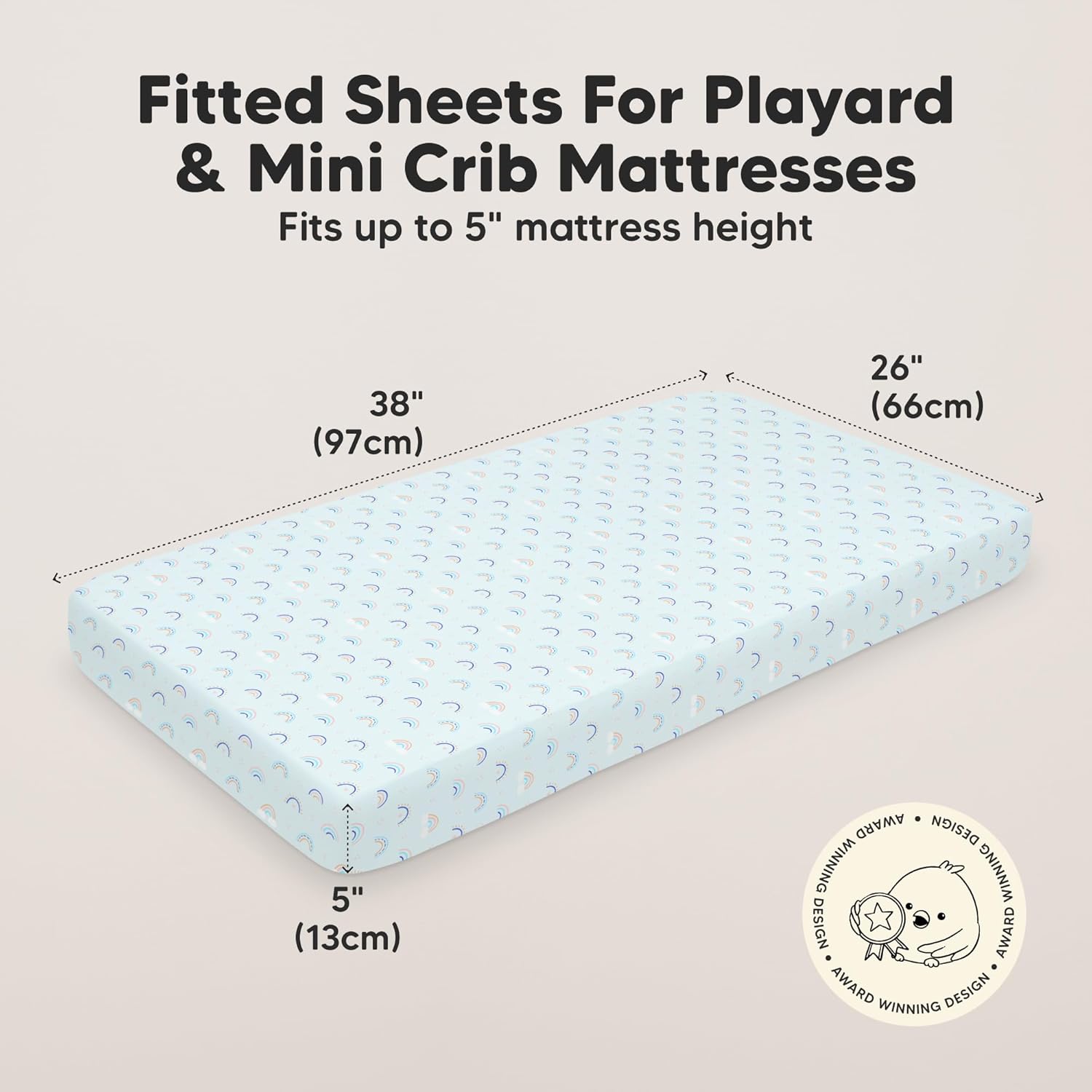 2-Pack Mini Crib Sheets Fitted - 38x26 Pack N Play Sheets for Pack and Play Mattress, Organic Cotton, Soft & Breathable Playard Bedding, Neutral Mini Toddler Bed Cover for Boys, Girls (Jolly Rainbow)