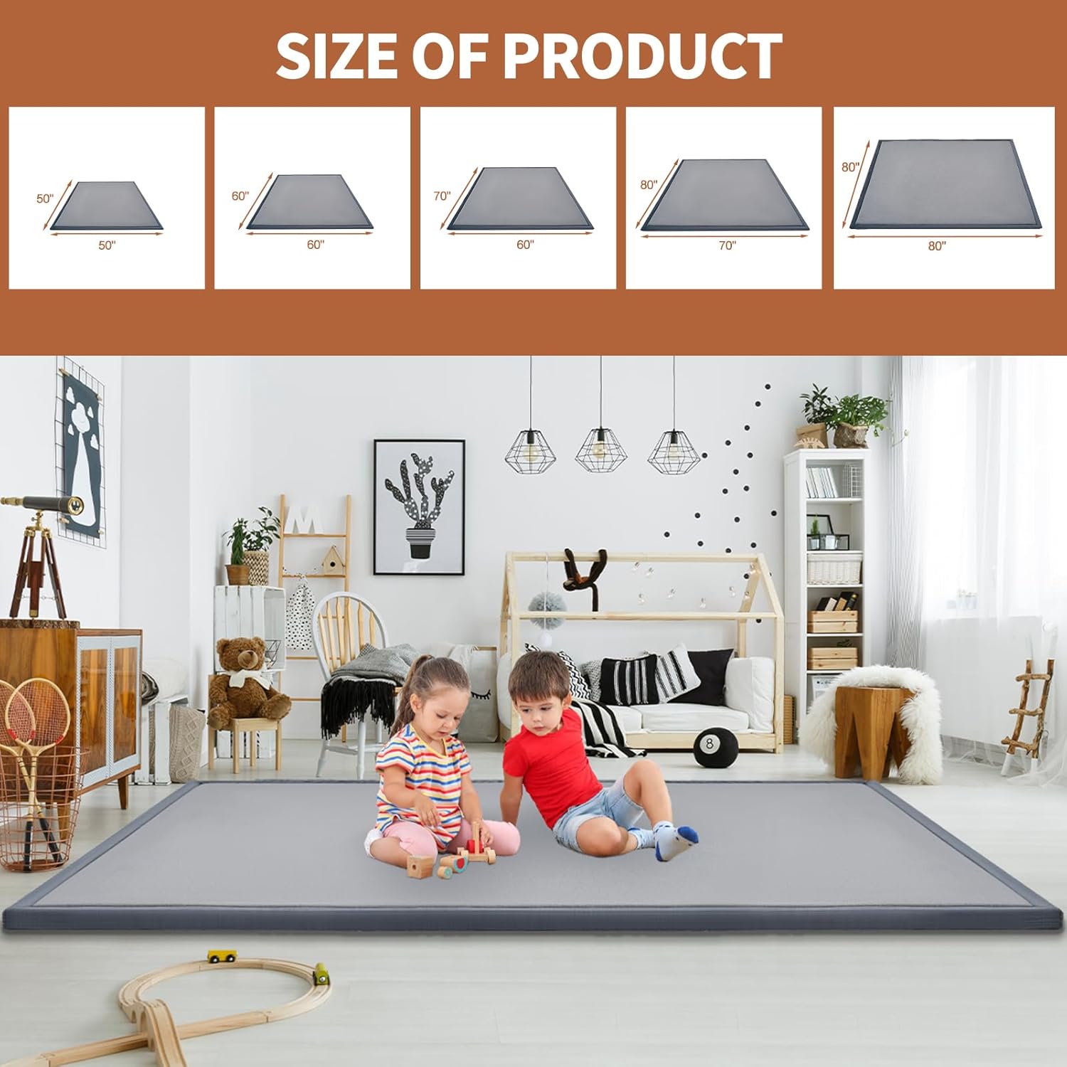 Baby Play Mat for Floor - 1.4" Thick Memory Foam Rug, 60"x60" Playpen Tummy Time Mat, Soft Velvet Nursery Rug, Large Padded Crawling Mat, Cushioned Pads for Playroom Toddlers, Infants, Yoga, Tatami