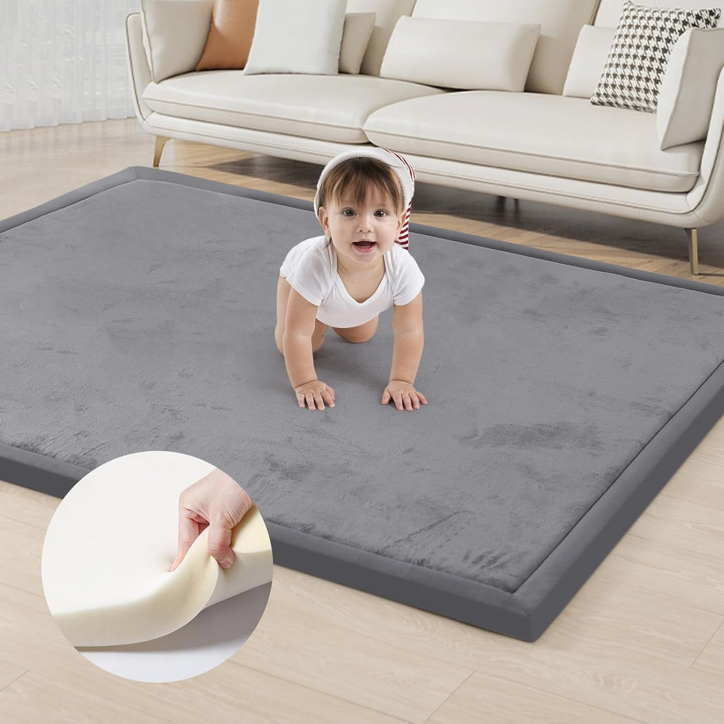 ACOMOPACK Baby Play Mat for Floor 1.3" Thick Memory Foam Play Mat 39"×59" Tummy Time Crawling with Non-Slip Bottom for Living Room,Nursery,Soft Velvet Playpen Mats for Kids,Infants（Dark Grey）