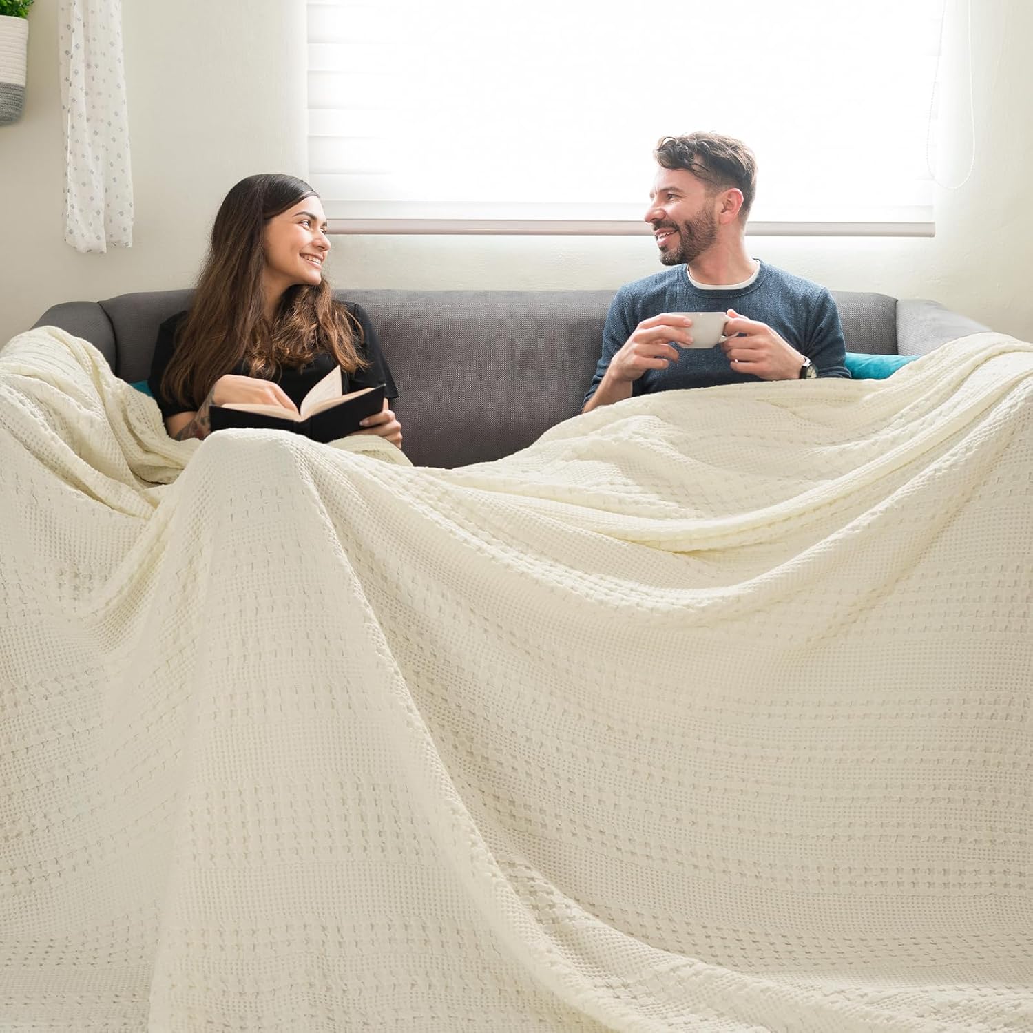 PHF 100% Cotton Waffle Blanket Oversized King 120"x120", Lightweight Breathable Extra Large 10'x10' Summer Blankets for Bed, Giant Big Luxury Aesthetic Woven Bedding for Home Decor, Cannoli Cream