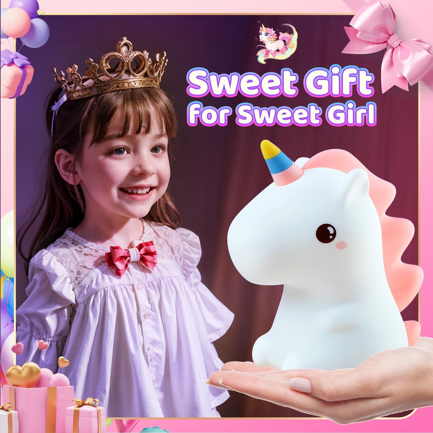 ONEFIRE Unicorn Night Light for Kids,【Cute Gifts&Remote】 16 Colors Cute Night Light,5 Lightness & Last 10H Nightlight for Kids Room,Soft Lamp