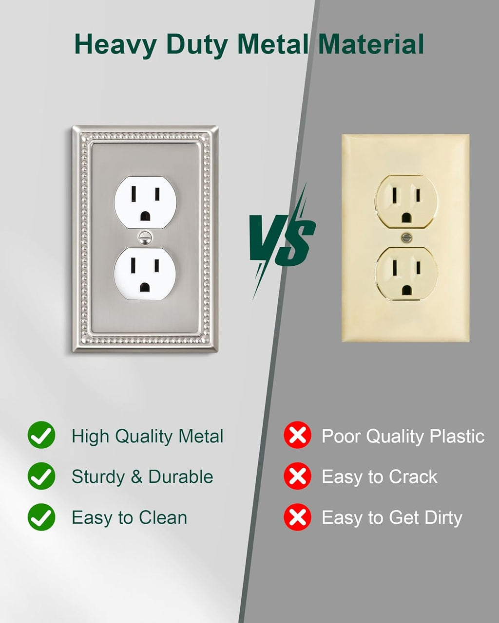2-Pack Duplex Outlet Cover Plate, Metal Wall Plates for Electrical Outlets, Brushed Nickel 1 Gang Receptacle Cover, Pearls Decorative Switch Plates and Outlet Covers