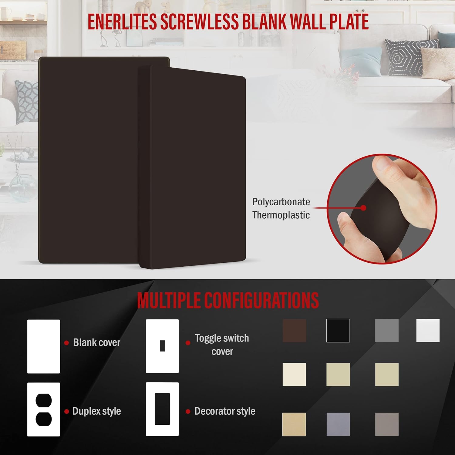 ENERLITES Screwless Blank Wall Plate, Child Safe Blank Device Outlet Cover, Standard Size, 1-Gang 4.68" x 2.93", Polycarbonate Thermoplastic, UL Listed, SI8801-BR, Glossy, Brown