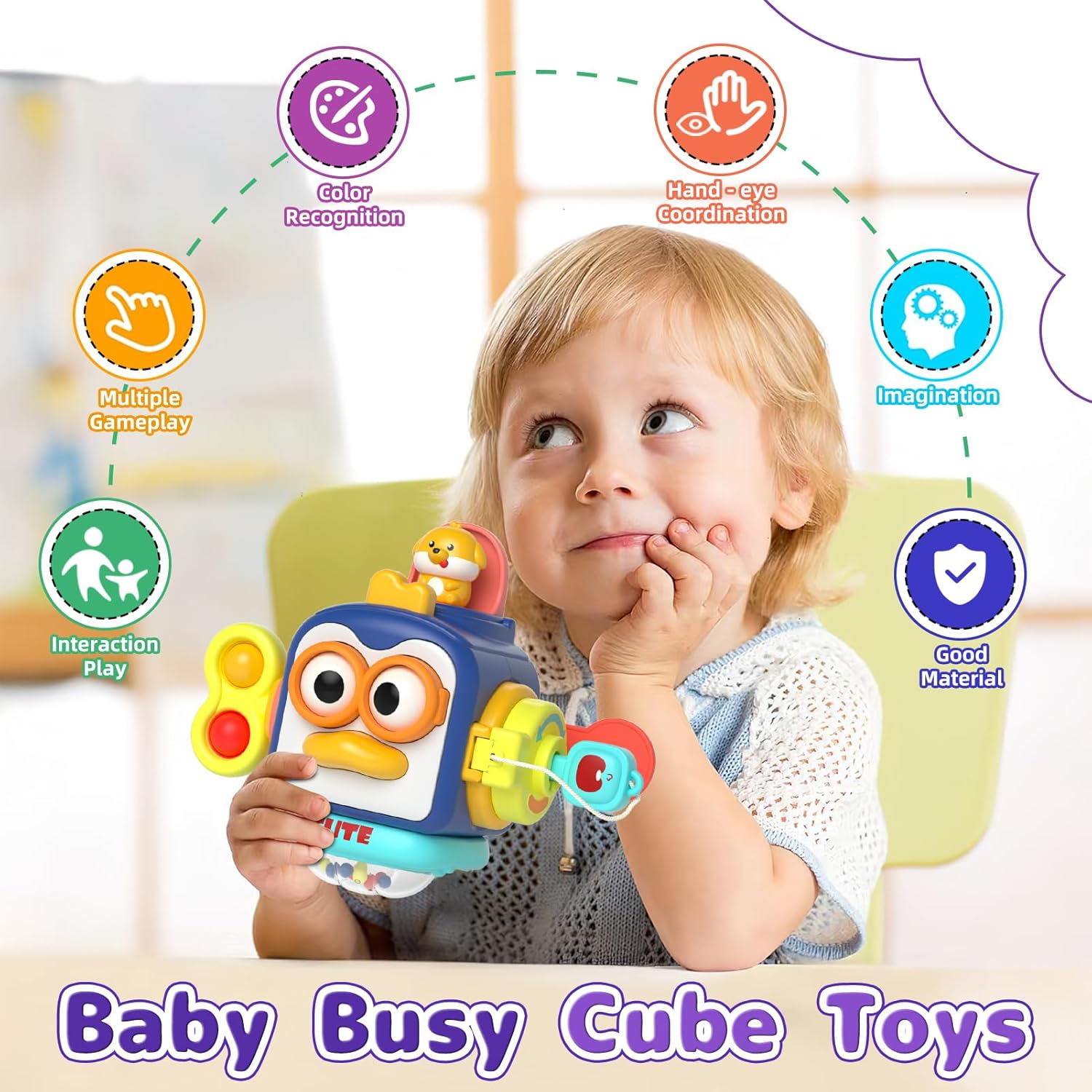 5 in 1 Baby Toy for 12 18 Month, Learning Toys for Babies 12-18 Months, Baby Busy Cube, Stacking&Sensory, Pull String&Piano Xylophone Toy, Birthday Gift for 12+ Month