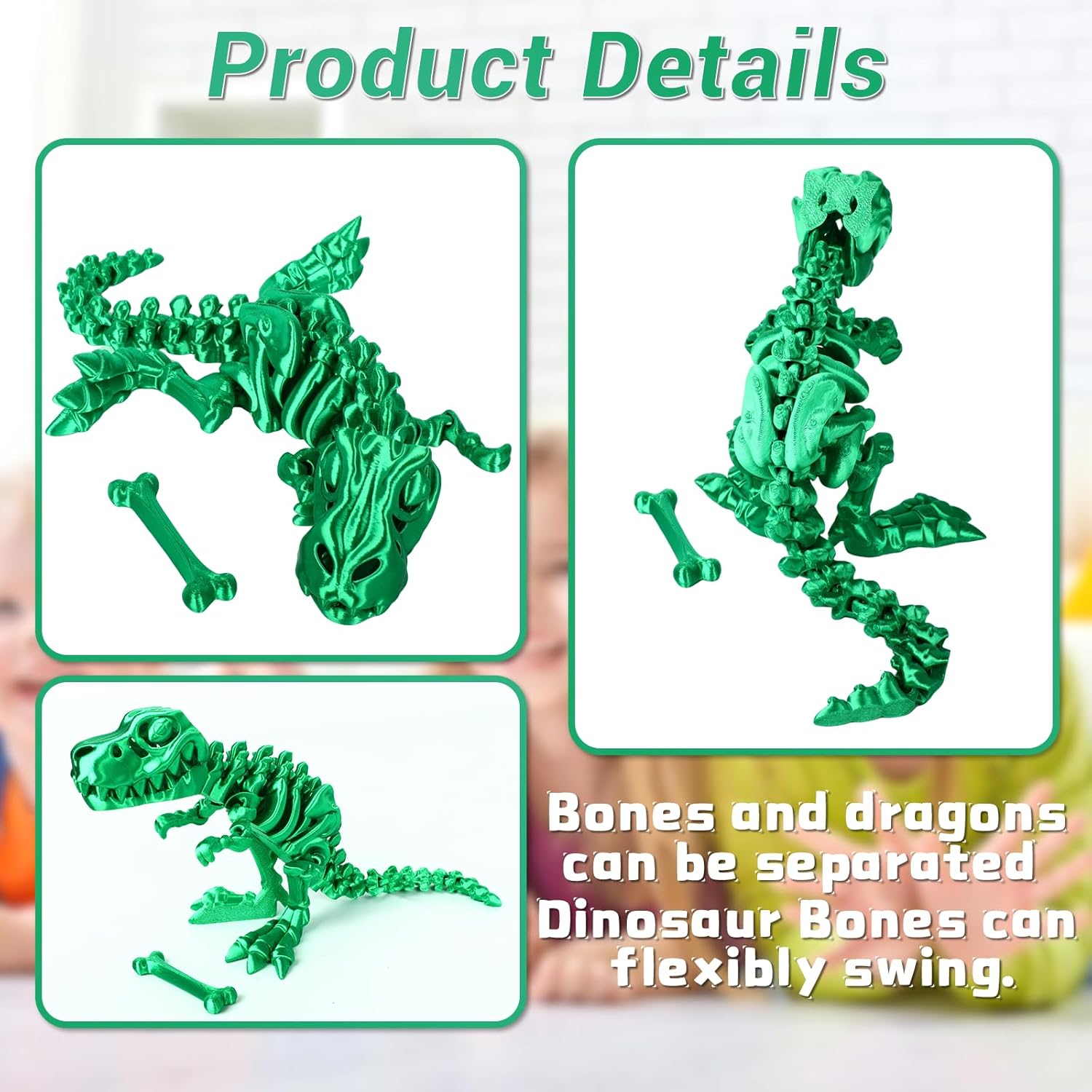 3D Printed Dinosaur Bone Skeleton Tyrannosaurus Rex with Movable Jaw Fidget Dinosaur Toys Full Articulated Dinosaur Executive Desk Toys Home Office Decor, Green-2