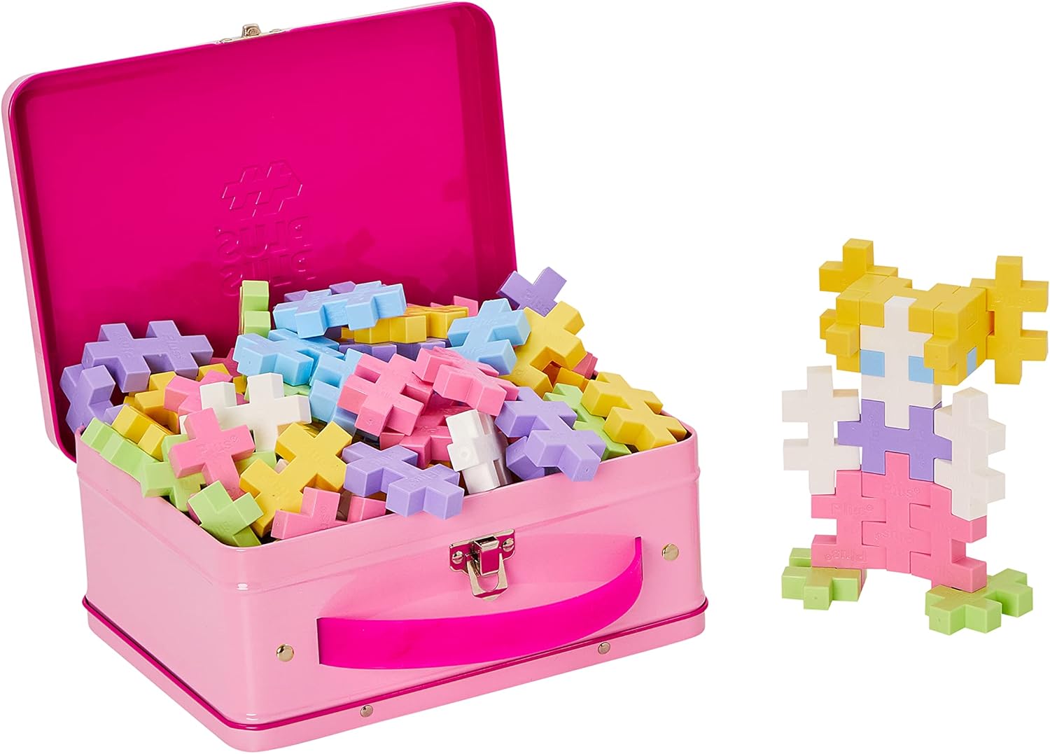 PLUS PLUS Building Set with Metal Suitcase, Open Ended Stem Toy for Toddlers and Preschool, 70 Big Pastel Interlocking Pieces